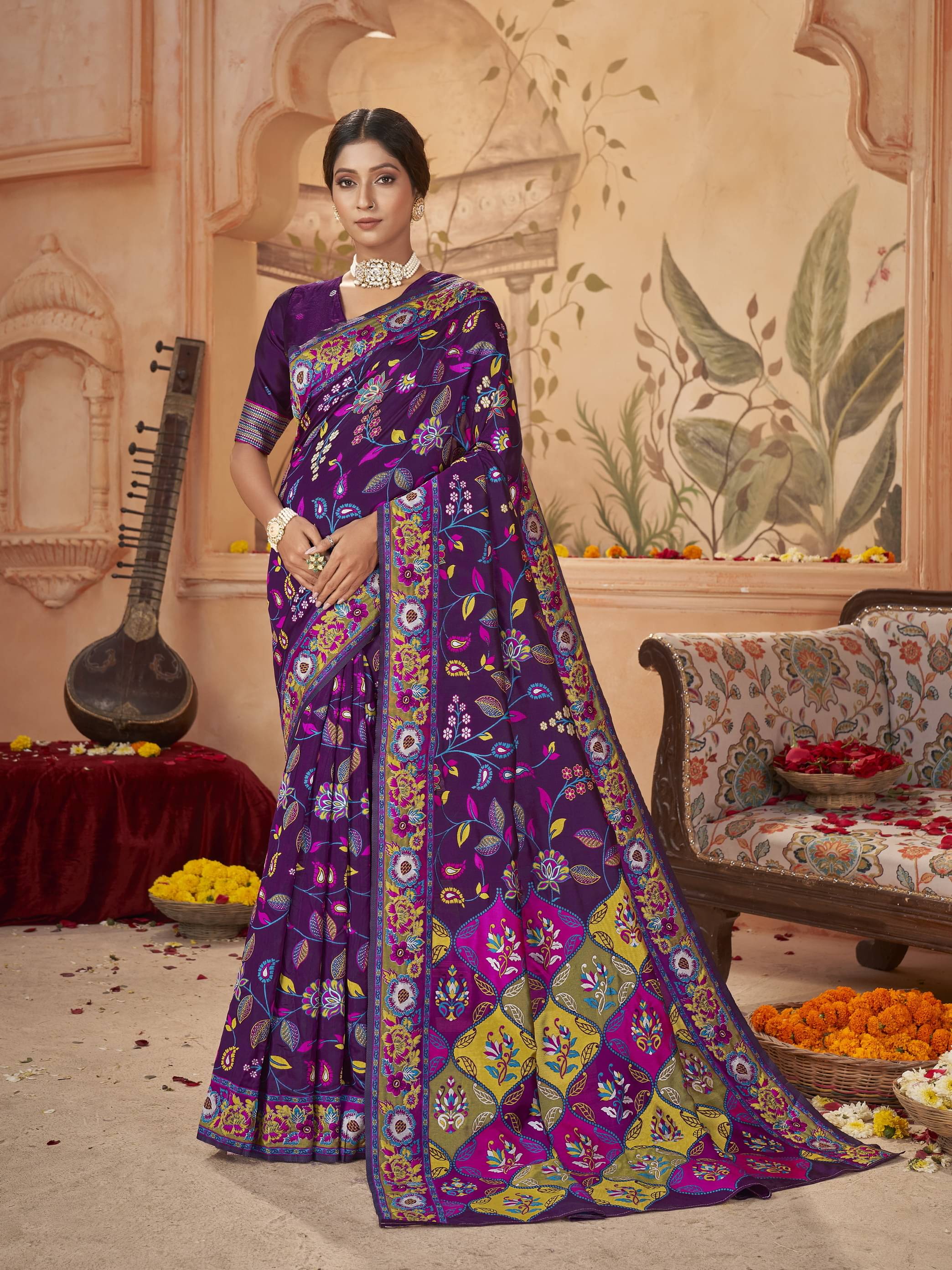     			Sariya Jacquard Printed Saree With Unstitched Blouse Piece ( Wine )