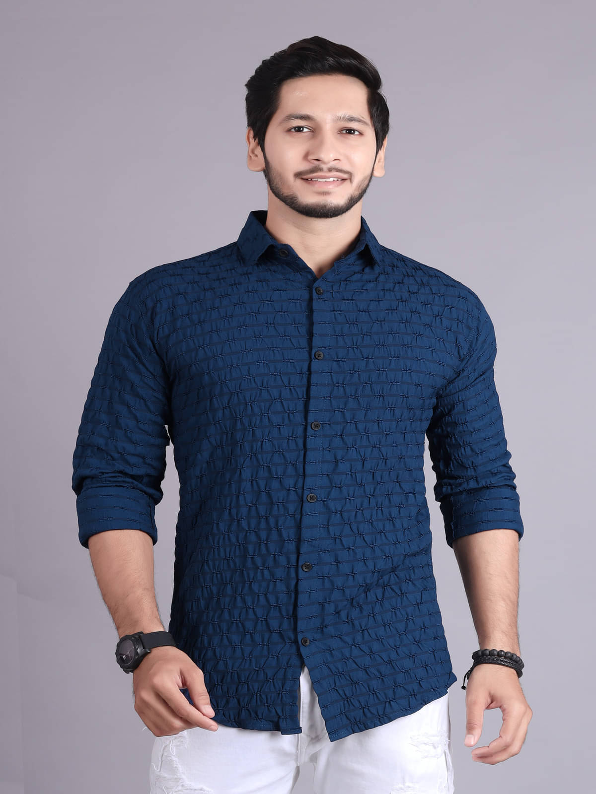 Generic Cotton Blend Slim Fit Popcorn Textured Full Sleeves Men's Casual Shirt - Navy Blue ( Pack of 1 )     			Generic Cotton Blend Slim Fit Popcorn Textured Full Sleeves Men's Casual Shirt - Navy Blue ( Pack of 1 )