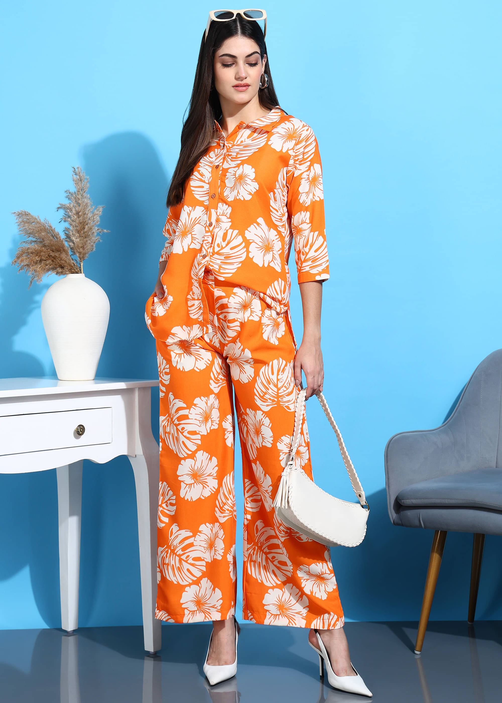     			Hiva Trendz Women Printed Shirt With Palazzos Co-Ord Set ( Orange )