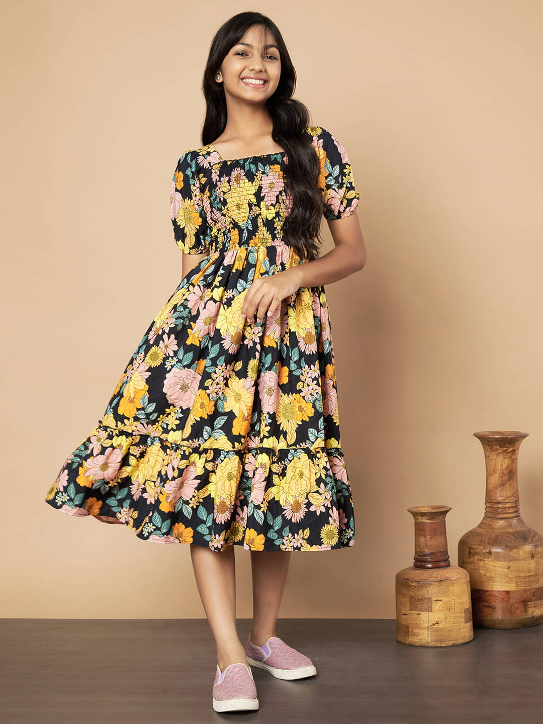     			OTABU Rayon A-line Dress For Girls ( Pack of 1 , Yellow & Pink )