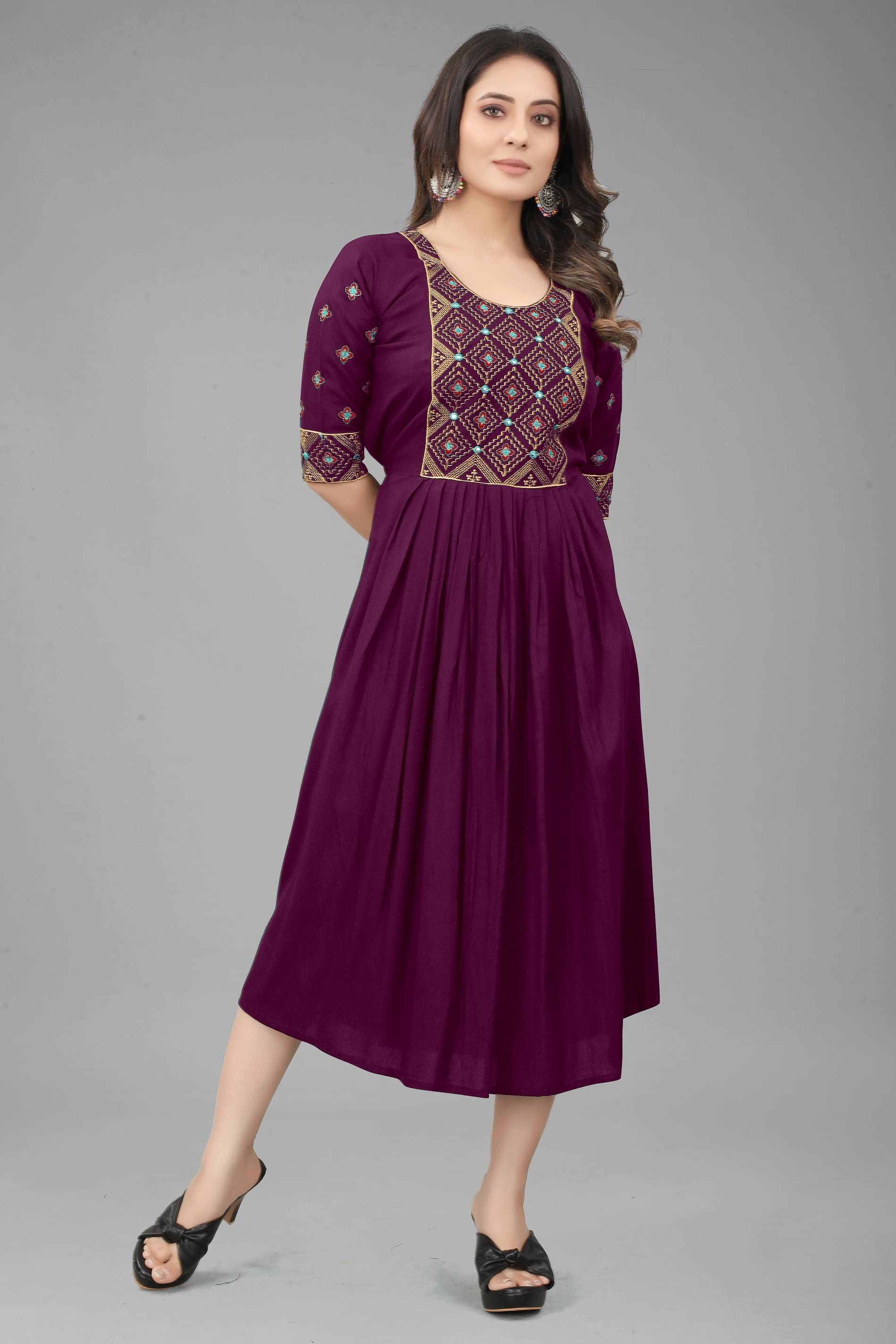 QPEEZ Pack of 1 Rayon Embroidered Flared Women's Kurti - ( Purple ) QPEEZ Pack of 1 Rayon Embroidered Flared Women's Kurti - ( Purple )