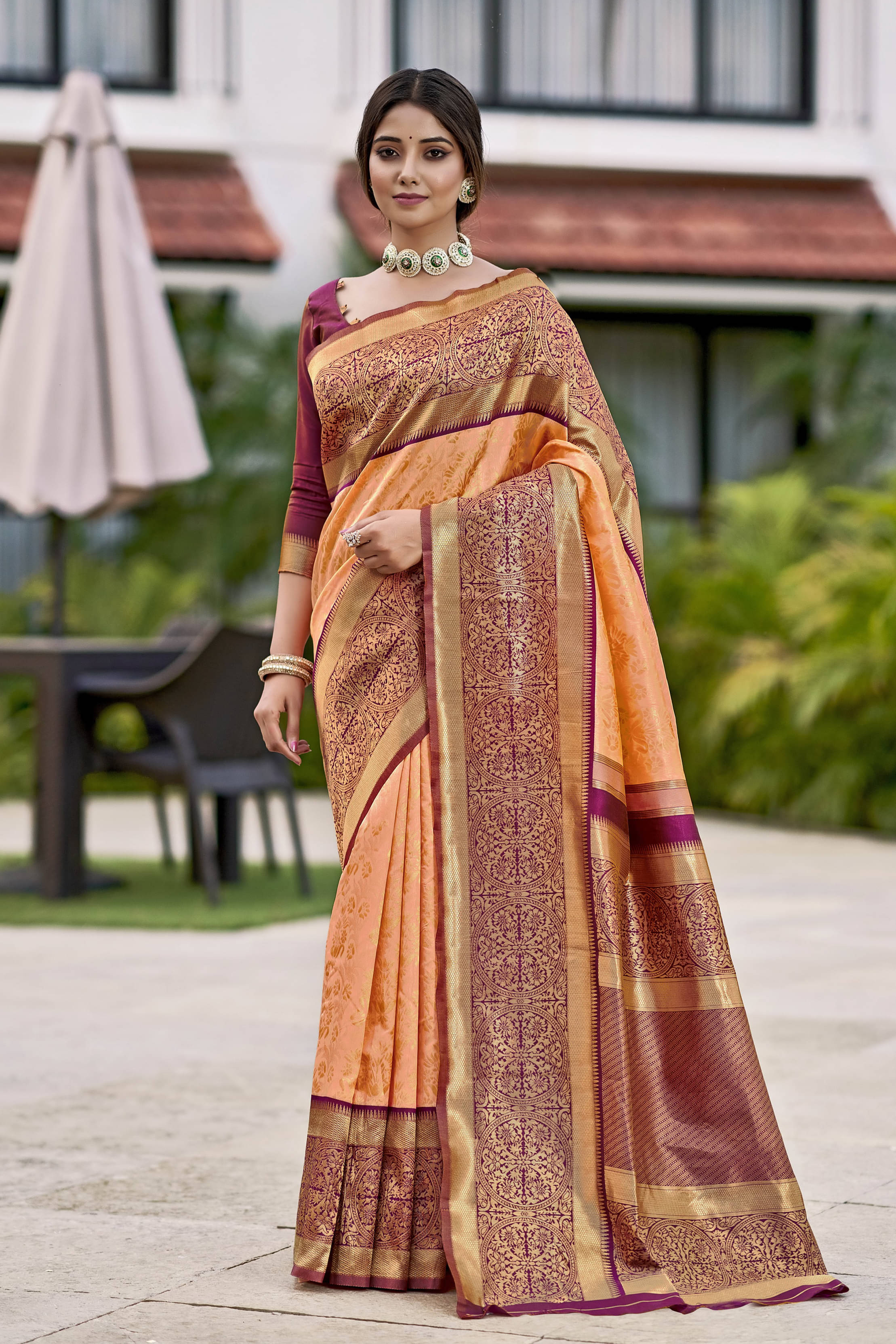     			Sariya Jacquard Woven Saree With Unstitched Blouse Piece ( Peach )