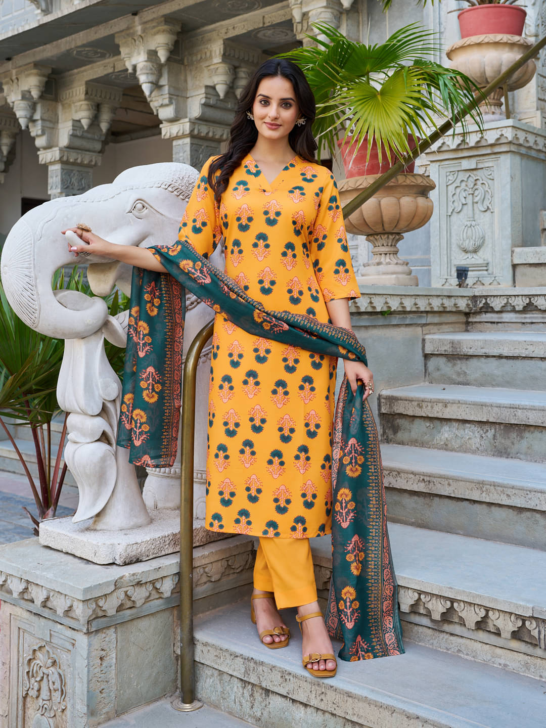 VIBE VISION Cotton Blend Printed Kurti With Pants Women's Stitched Salwar Suit - Yellow ( Pack of 1 ) VIBE VISION Cotton Blend Printed Kurti With Pants Women's Stitched Salwar Suit - Yellow ( Pack of 1 )