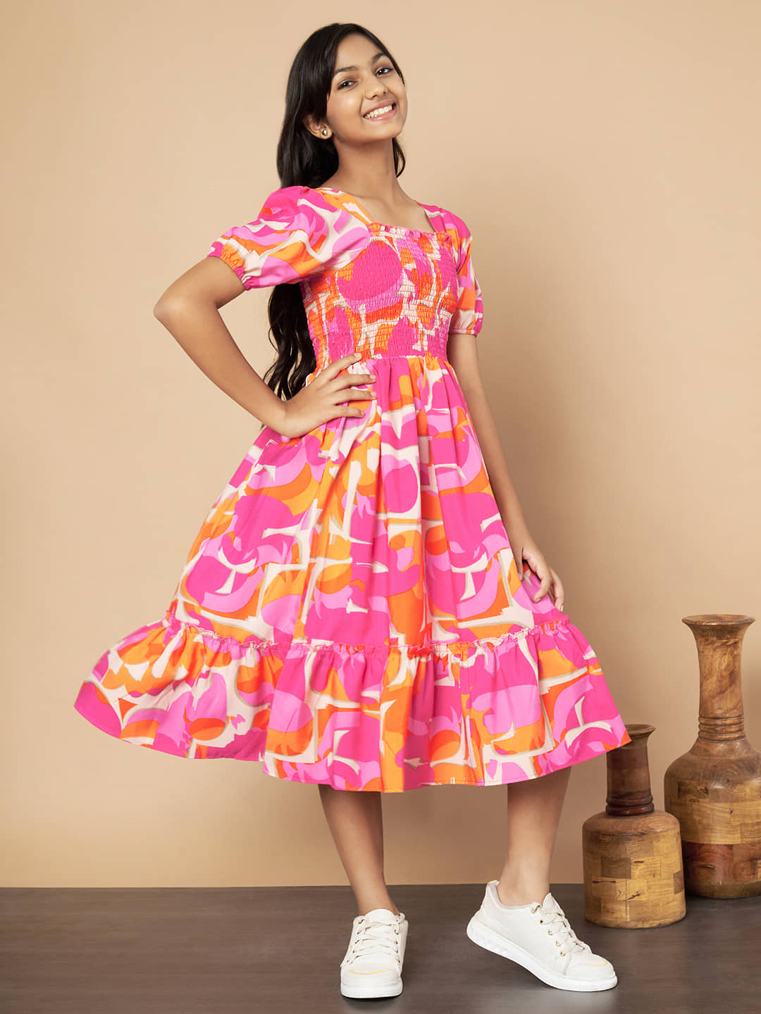 ZWERLON Rayon Fit And Flare Dress For Girls ( Pack of 1 , Orange )