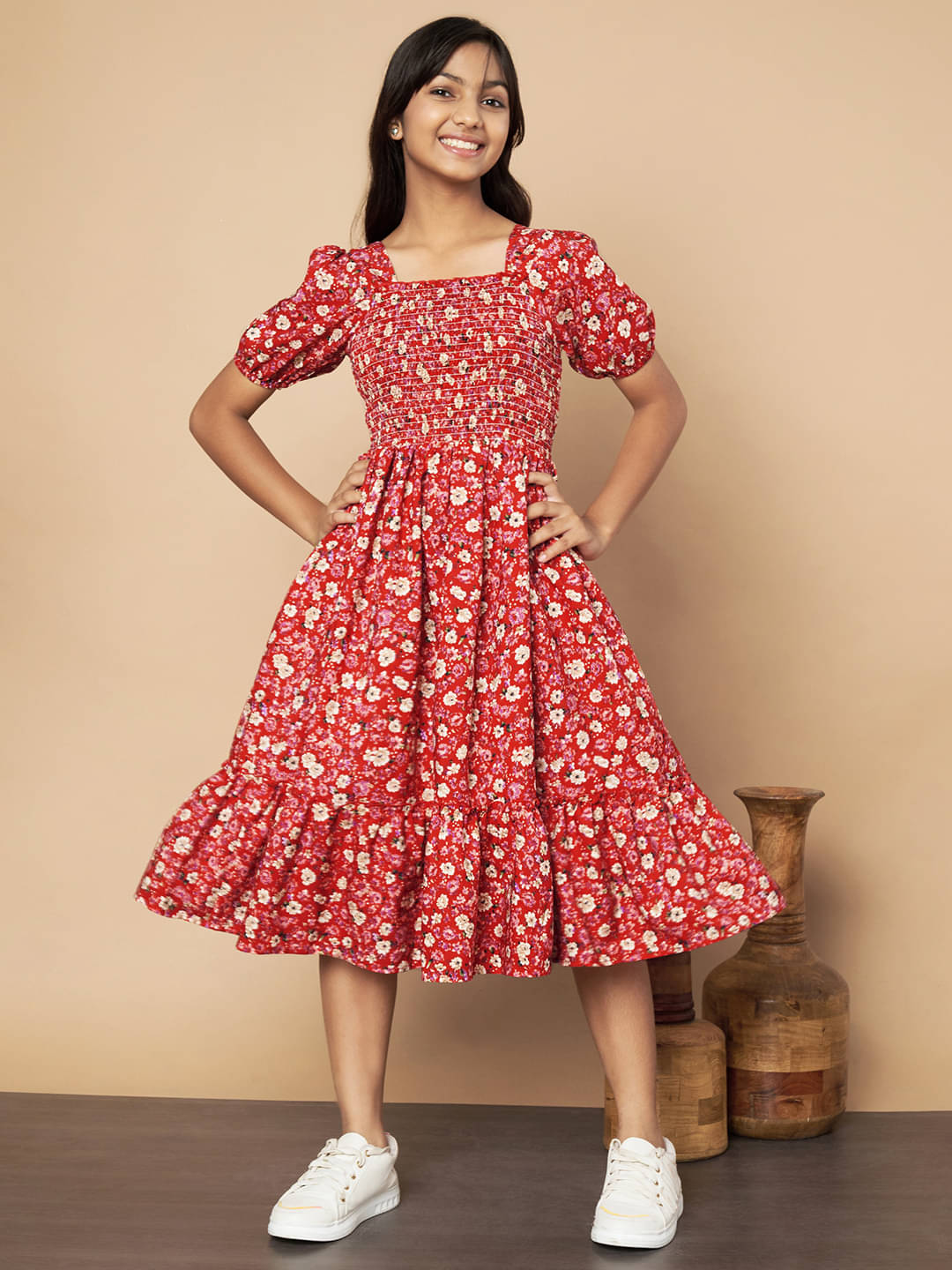     			ZWERLON Rayon Fit And Flare Dress For Girls ( Pack of 1 , Red )