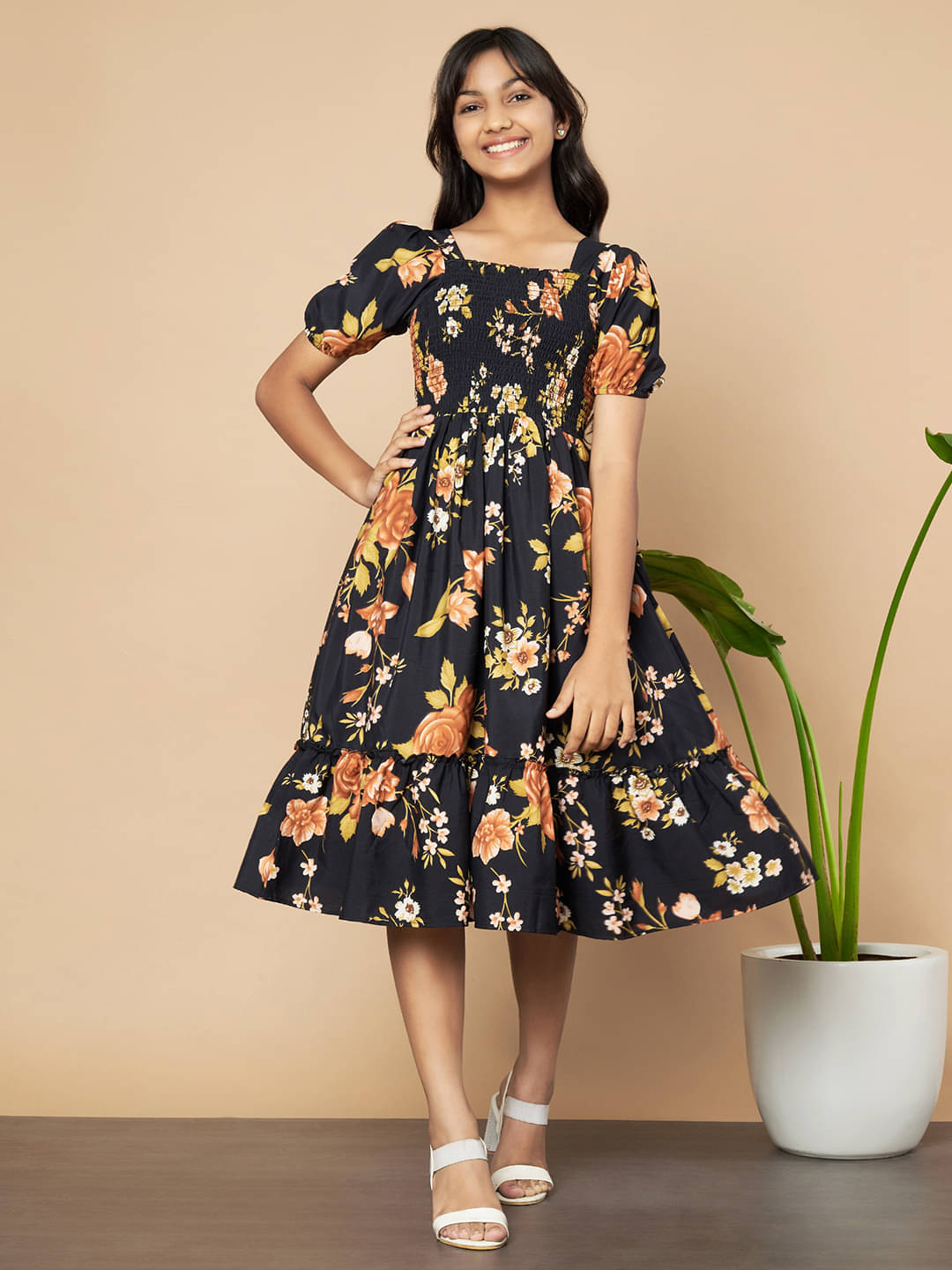     			ZWERLON Rayon Fit And Flare Dress For Girls ( Pack of 1 , Gold )