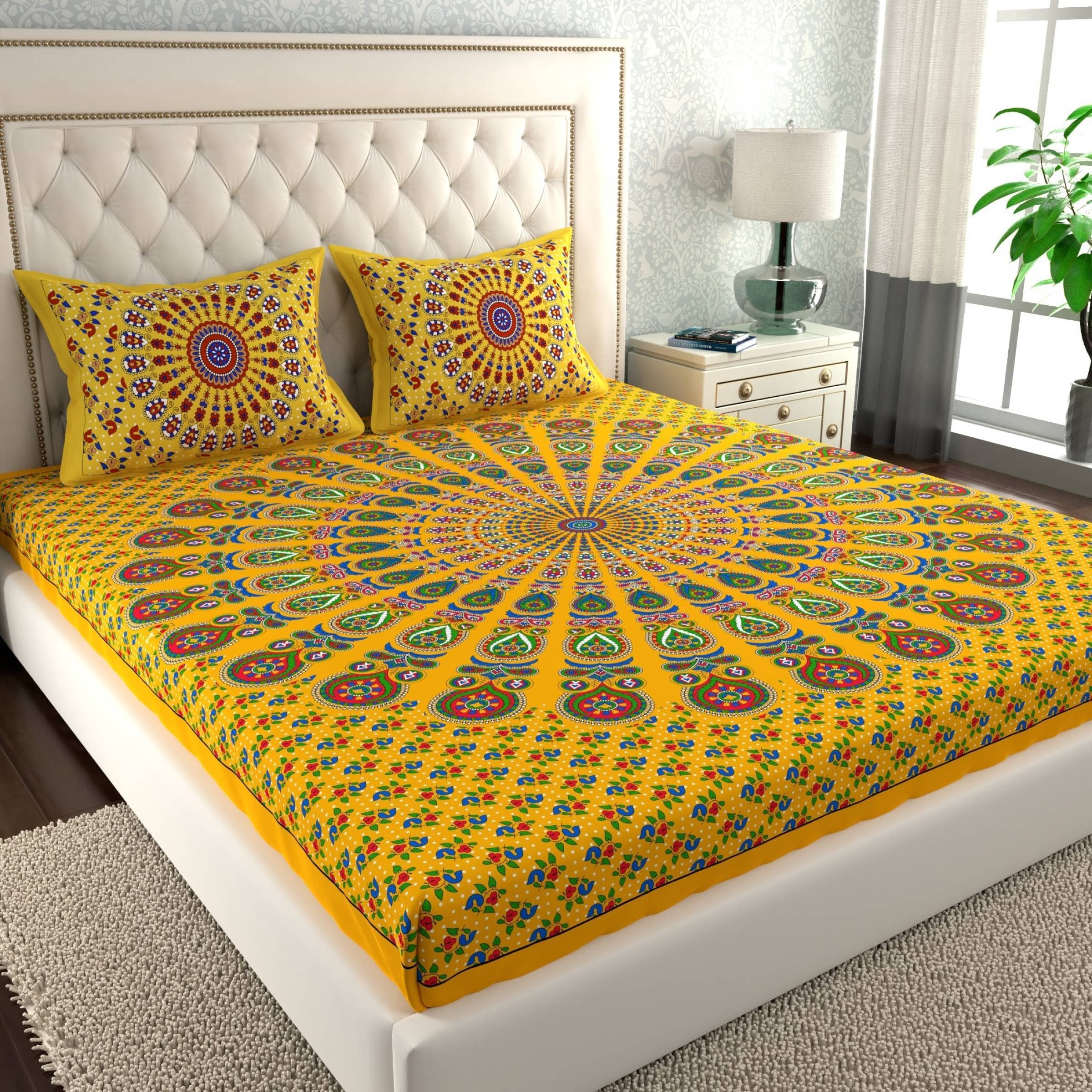 ABHACLOTHO Cotton 1 Double Bedsheet with 2 Pillow Covers ( Yellow )