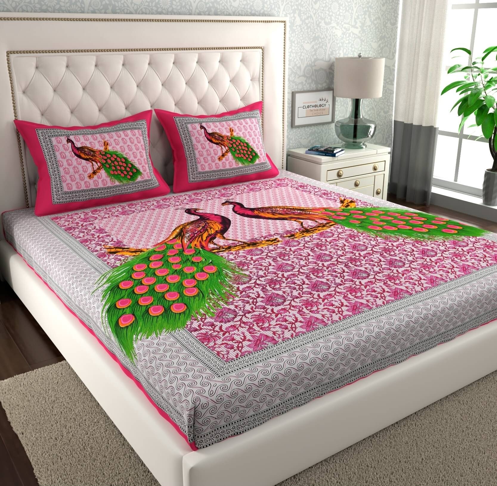     			ABHACLOTHO Cotton 1 Double Bedsheet with 2 Pillow Covers ( Pink )