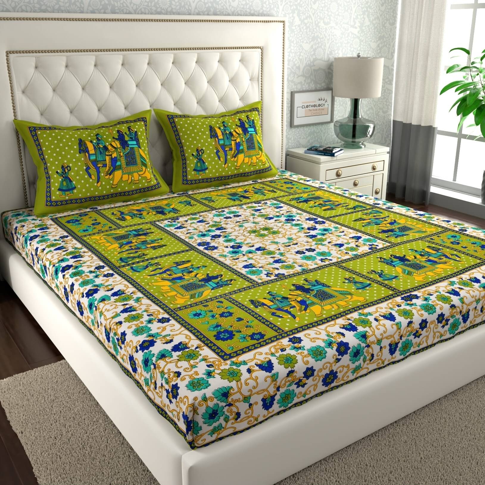     			ABHACLOTHO Cotton 1 Double Bedsheet with 2 Pillow Covers ( Green )
