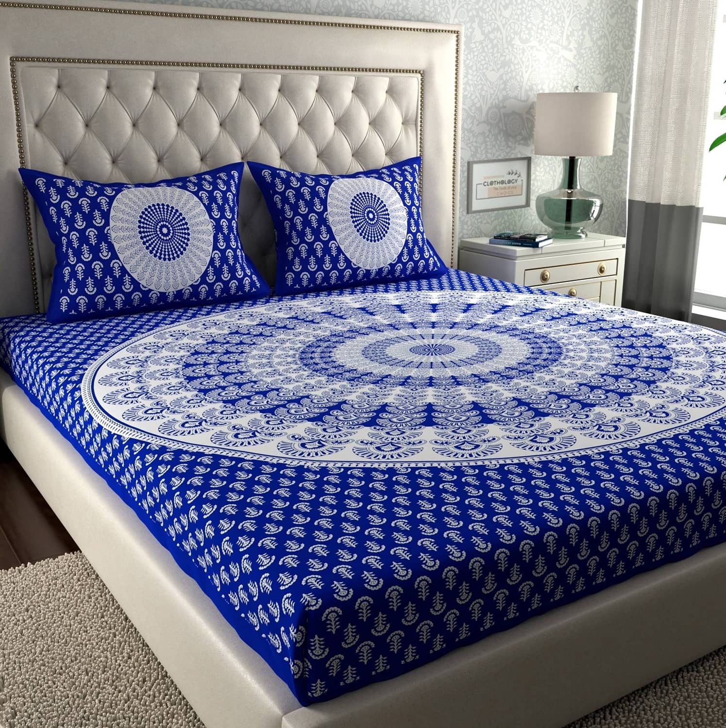 ABHACLOTHO Cotton 1 Double Bedsheet with 2 Pillow Covers ( Blue )