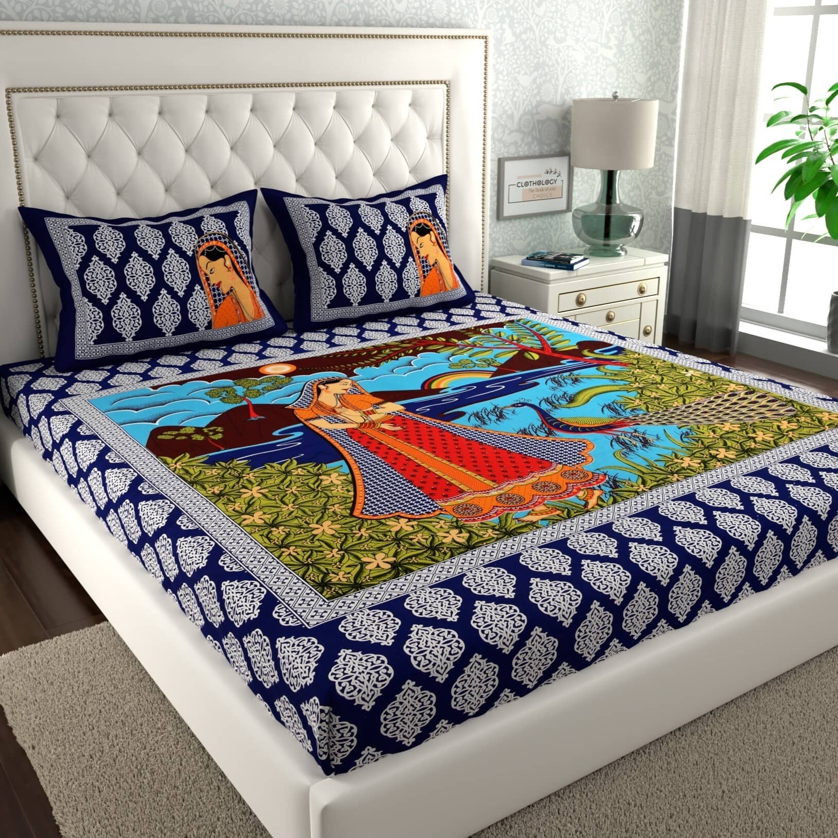 ABHACLOTHO Cotton 1 Double Bedsheet with 2 Pillow Covers ( Blue )