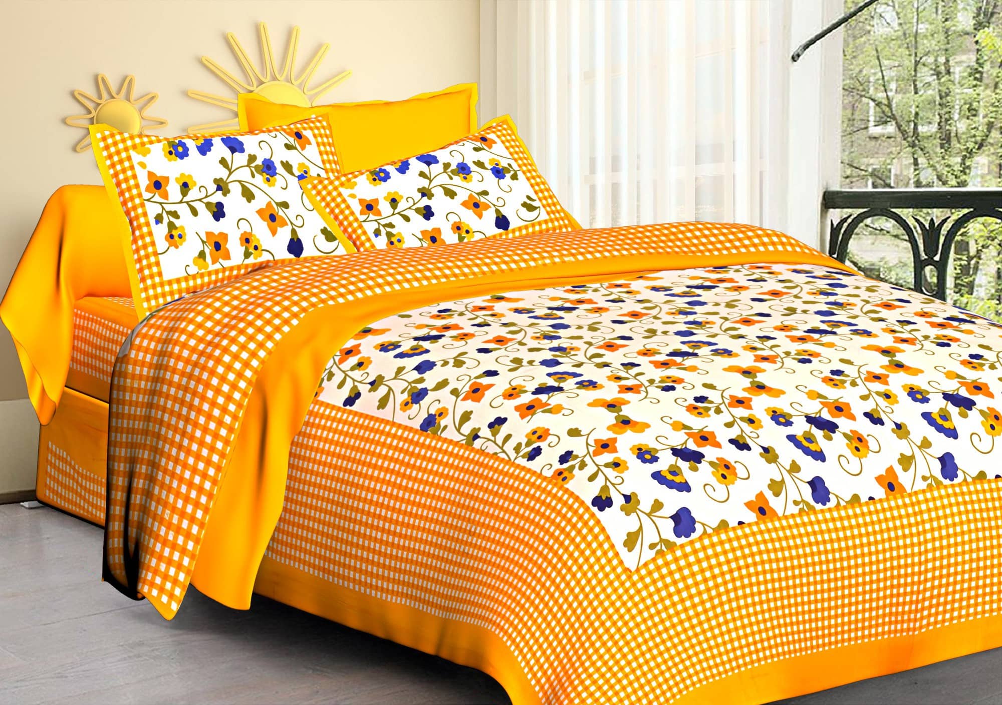 ABHACLOTHO Cotton 1 Double Bedsheet with 2 Pillow Covers ( Yellow )