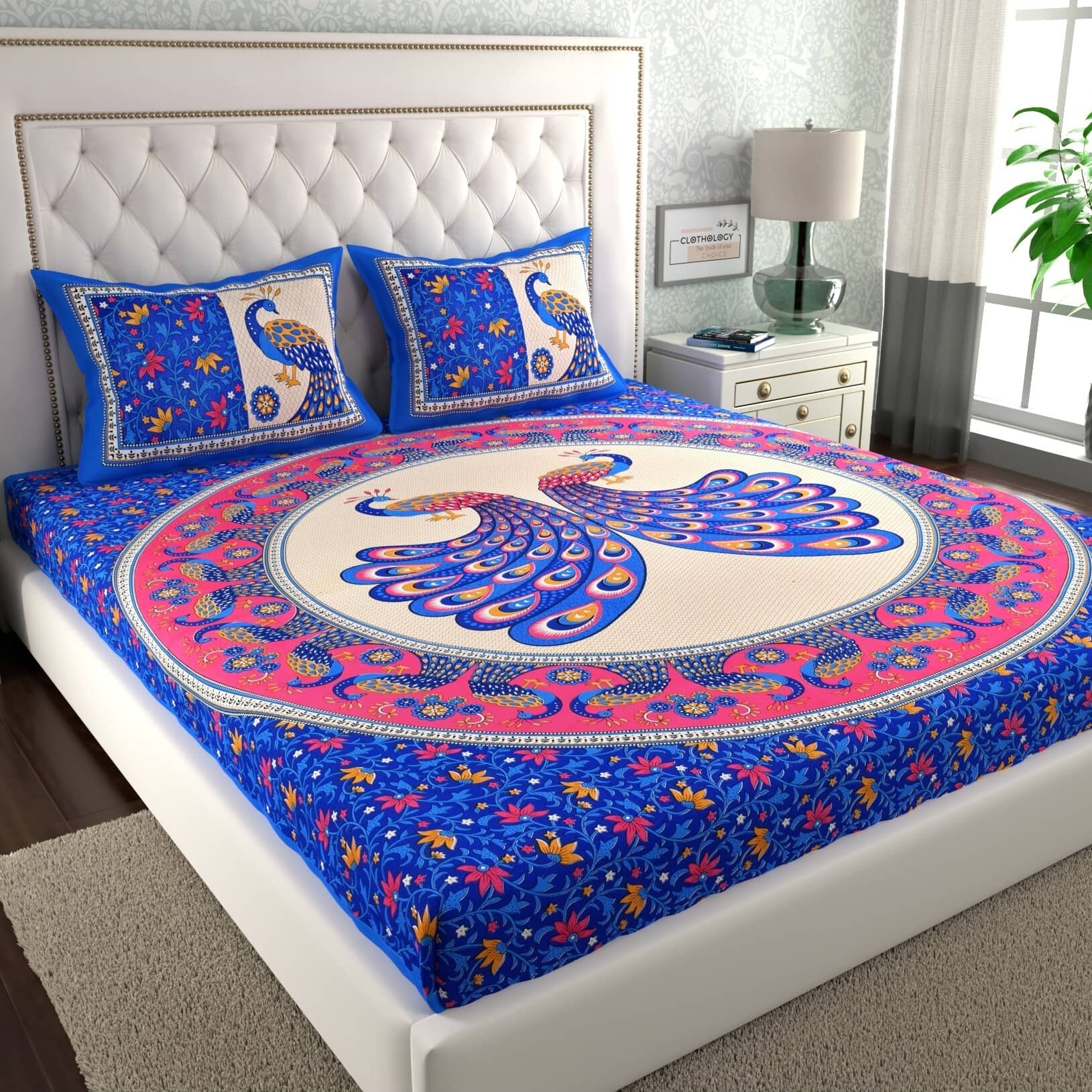 ABHACLOTHO Cotton 1 Double Bedsheet with 2 Pillow Covers ( Blue )