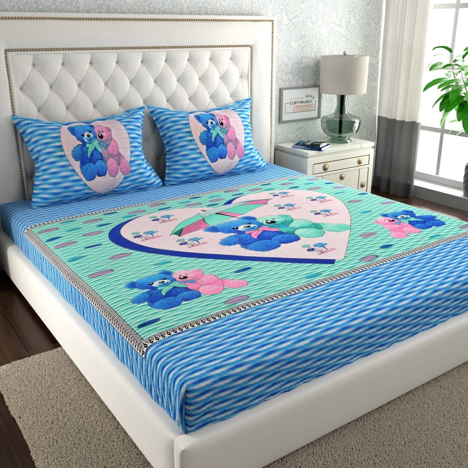 ABHACLOTHO Cotton 1 Double Bedsheet with 2 Pillow Covers ( Blue )