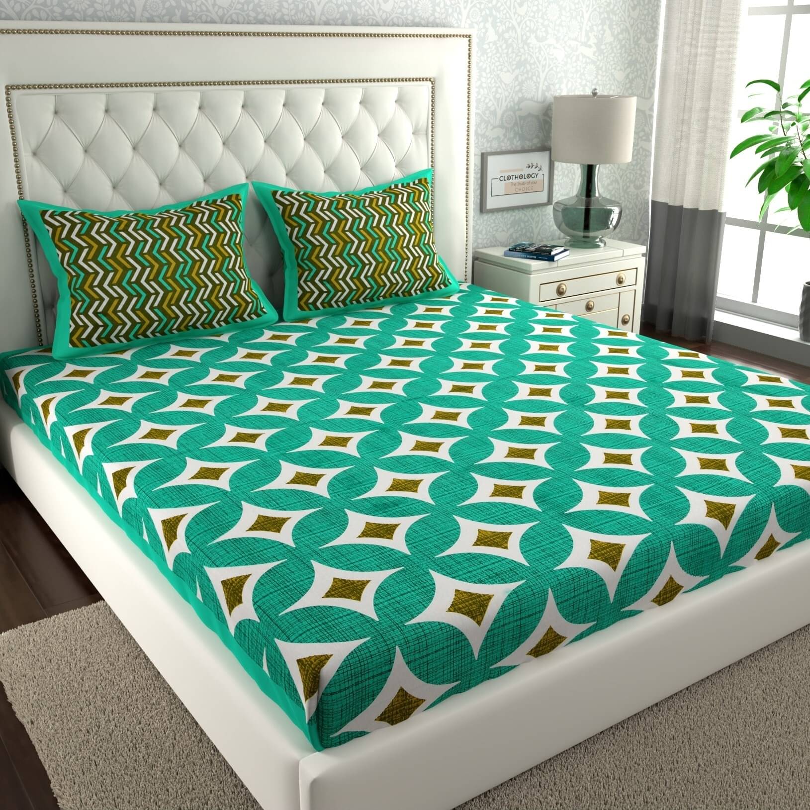     			ABHACLOTHO Cotton 1 Double Bedsheet with 2 Pillow Covers ( Green )