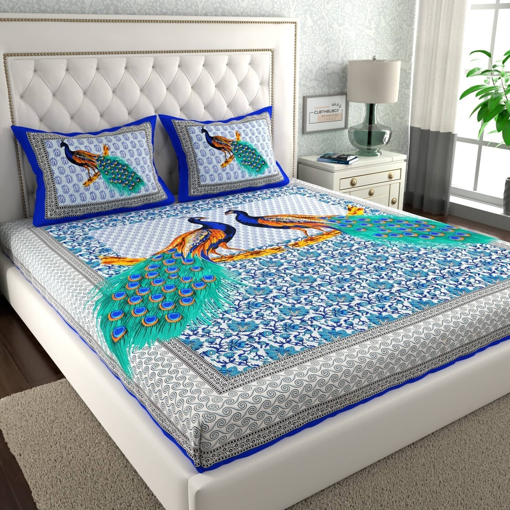 ABHACLOTHO Cotton 1 Double Bedsheet with 2 Pillow Covers ( Blue )