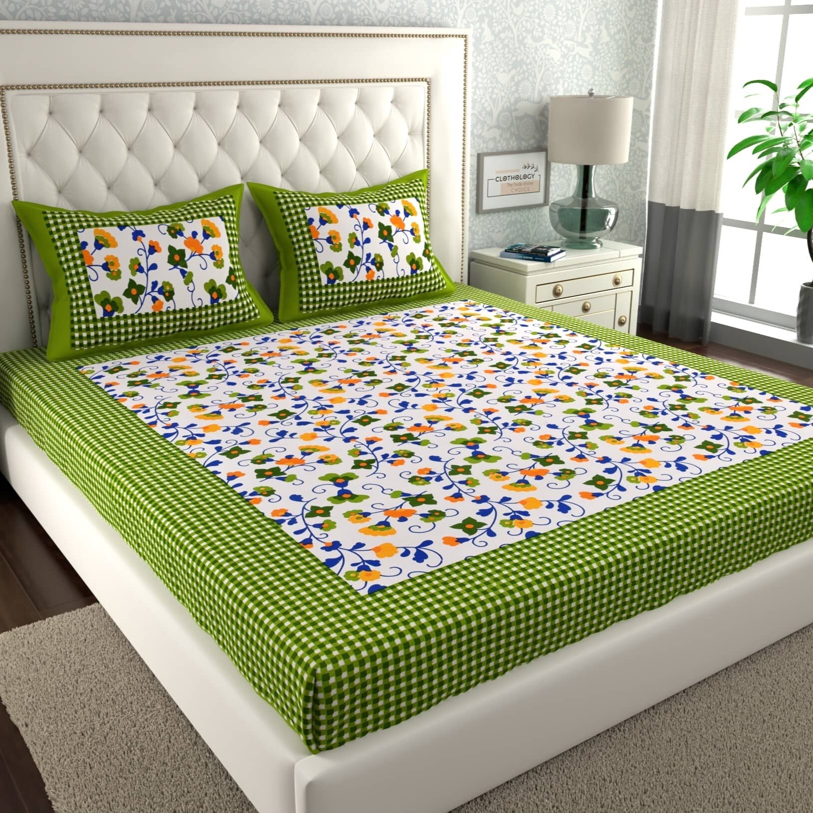 ABHACLOTHO Cotton 1 Double Bedsheet with 2 Pillow Covers ( Green )