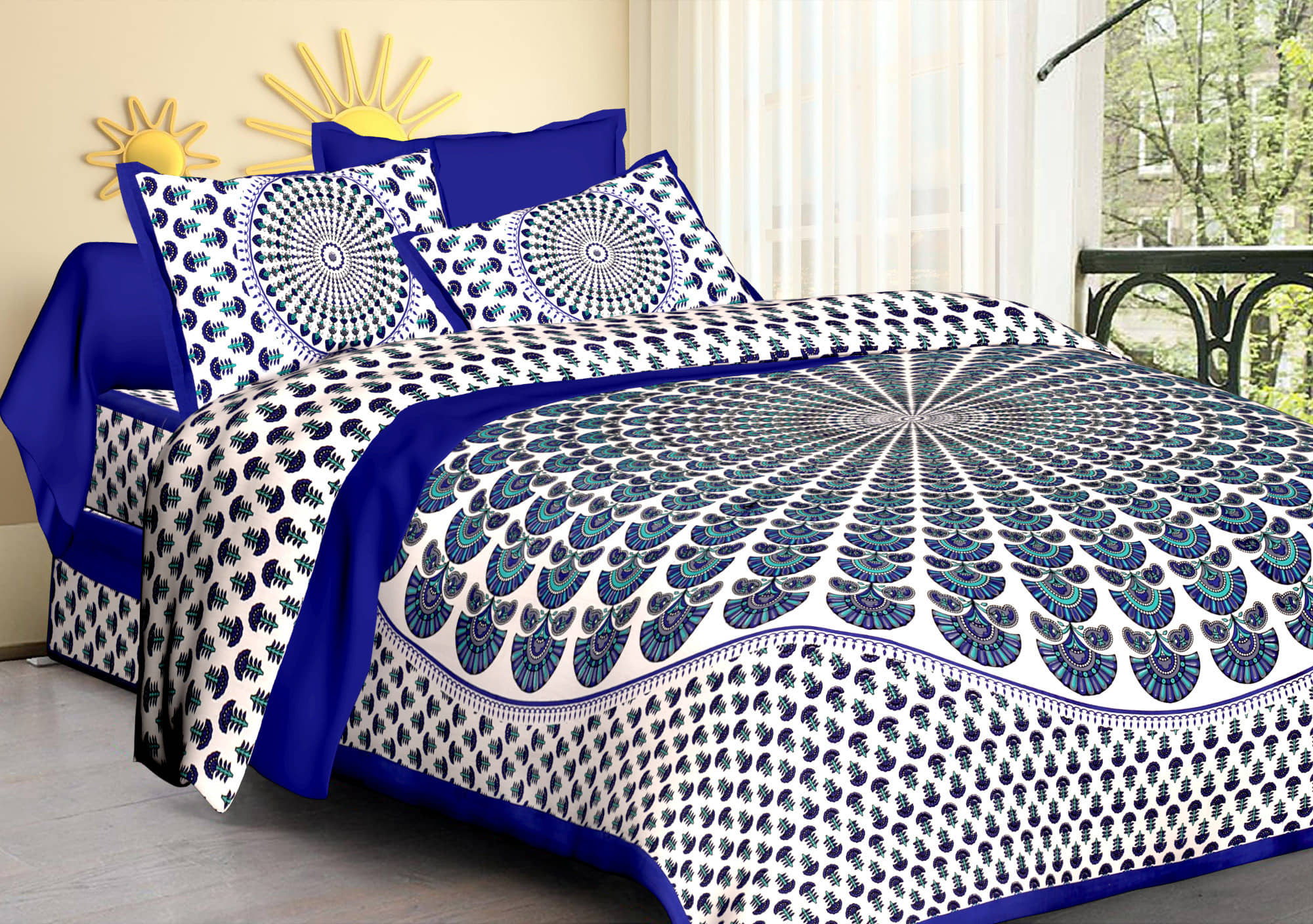 ABHACLOTHO Cotton 1 Double Bedsheet with 2 Pillow Covers ( Blue )