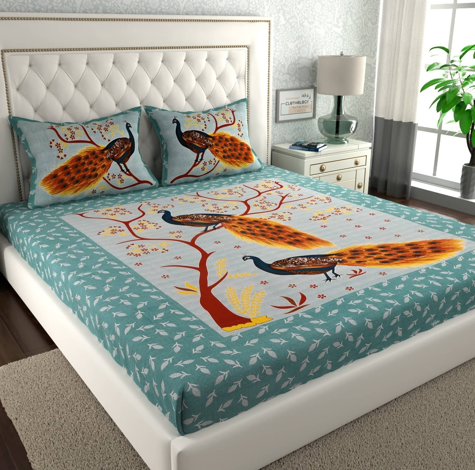 ABHACLOTHO Cotton 1 Double Bedsheet with 2 Pillow Covers ( Green )
