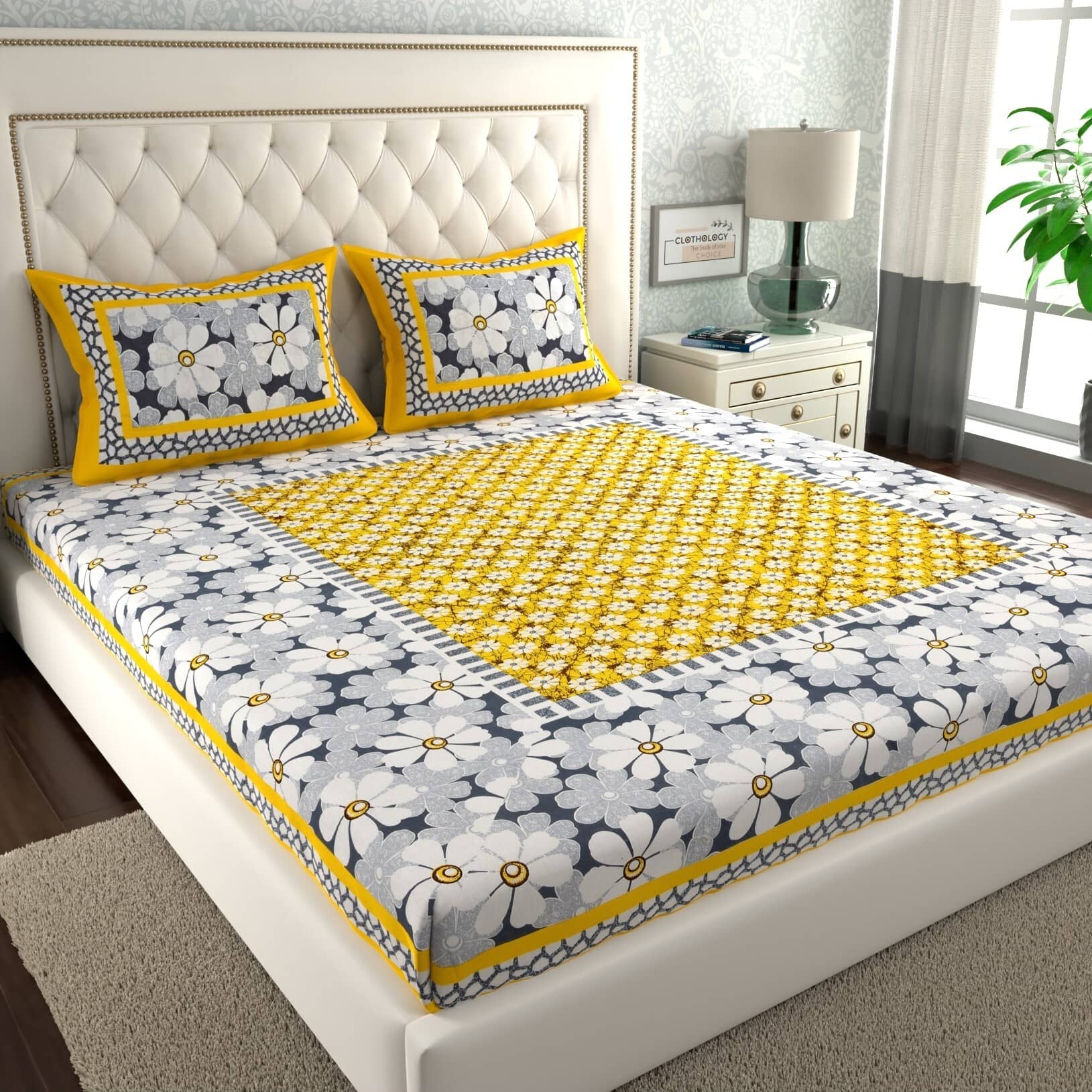 ABHACLOTHO Cotton 1 Double Bedsheet with 2 Pillow Covers ( Yellow )