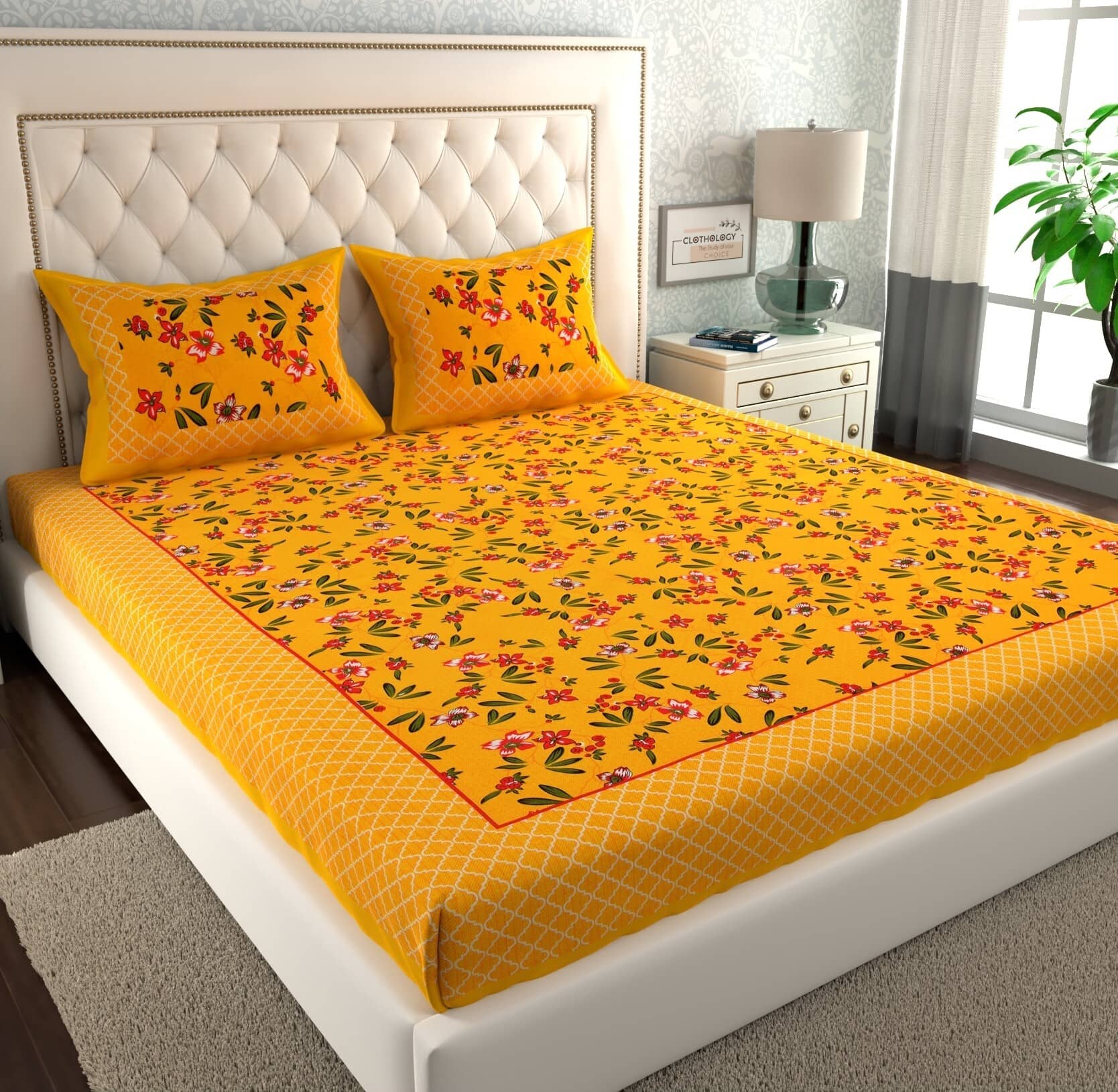 ABHACLOTHO Cotton 1 Double Bedsheet with 2 Pillow Covers ( Yellow )