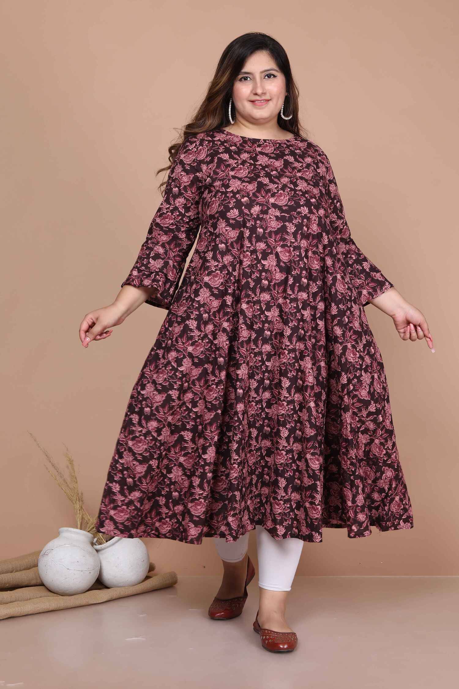 Angiya Pack of 1 Cotton Printed Anarkali Women's Kurti - ( Maroon ) Angiya Pack of 1 Cotton Printed Anarkali Women's Kurti - ( Maroon )