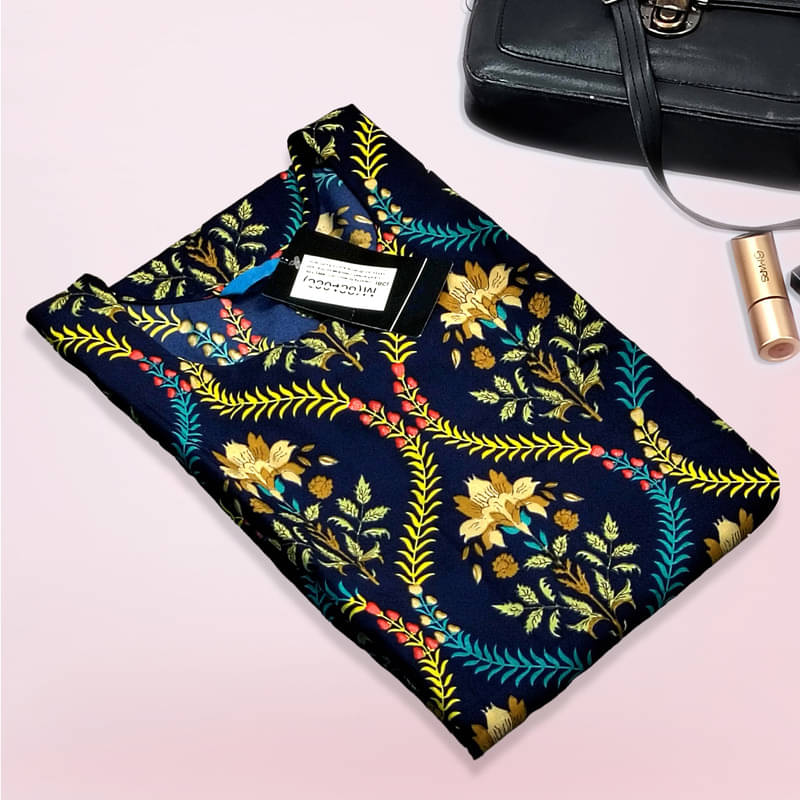 Ethnic Basket Pack of 1 Crepe Printed A-line Women's Kurti - ( Navy Blue ) Ethnic Basket Pack of 1 Crepe Printed A-line Women's Kurti - ( Navy Blue )