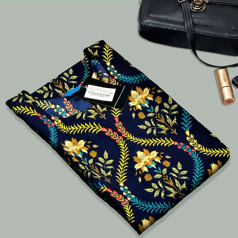 Ethnic Basket Pack of 1 Crepe Printed A-line Women's Kurti - ( Navy Blue ) Ethnic Basket Pack of 1 Crepe Printed A-line Women's Kurti - ( Navy Blue )