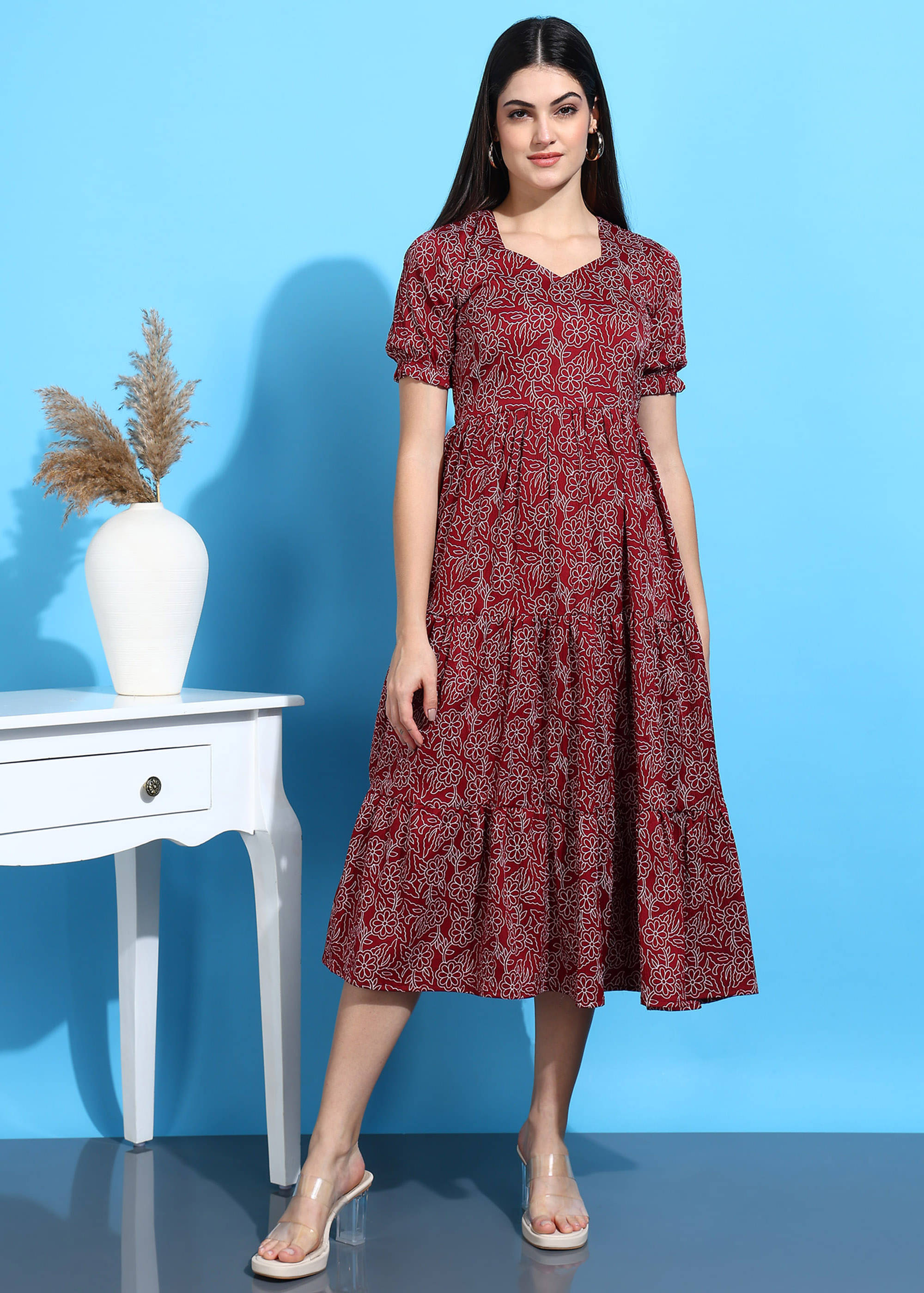     			Hiva Trendz Women Polyester Printed Fit & Flare Dress ( Maroon )