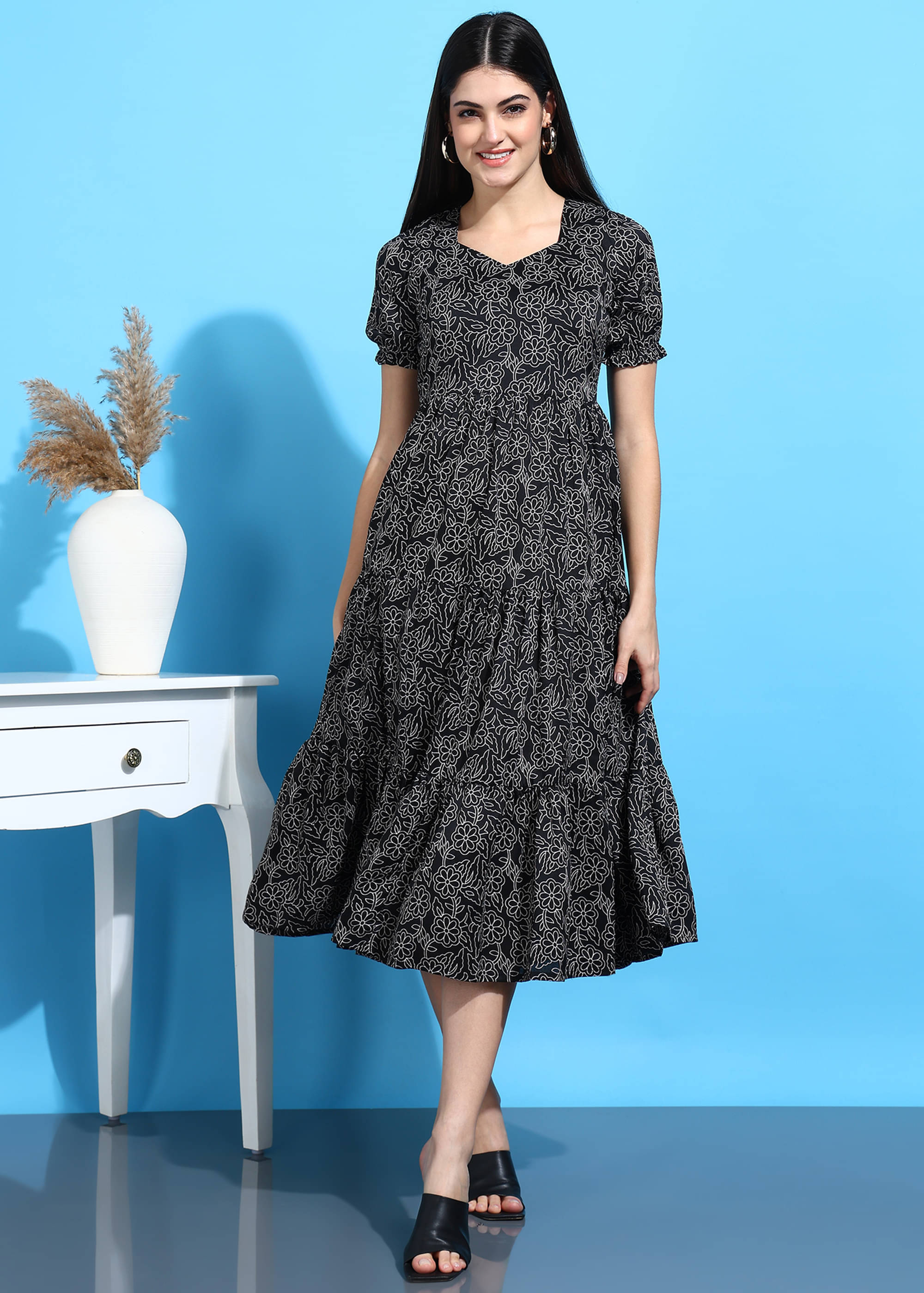     			Hiva Trendz Women Polyester Printed Fit & Flare Dress ( Black )