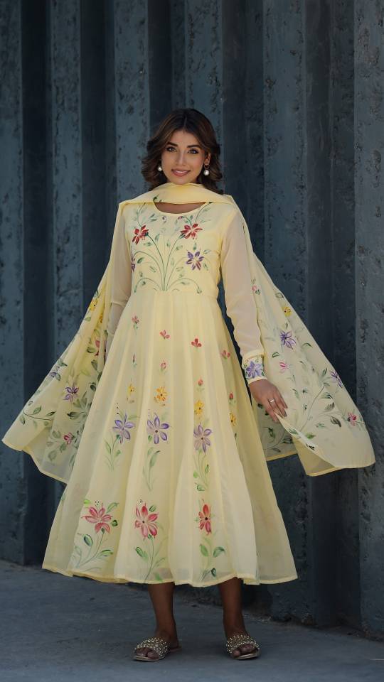 Label Flavia Women Georgette Anarkali Stitched Ethnic Gown ( Yellow ) Label Flavia Women Georgette Anarkali Stitched Ethnic Gown ( Yellow )