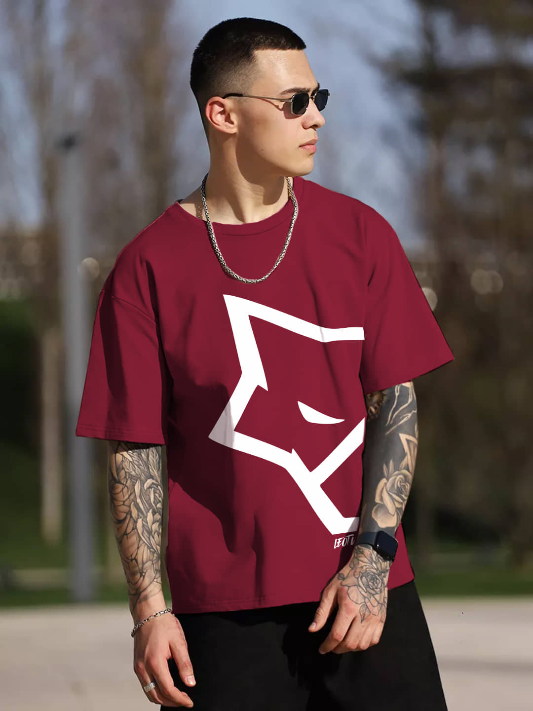 Leotude Men Cotton Blend Oversized Fit Printed T-Shirt ( Maroon )