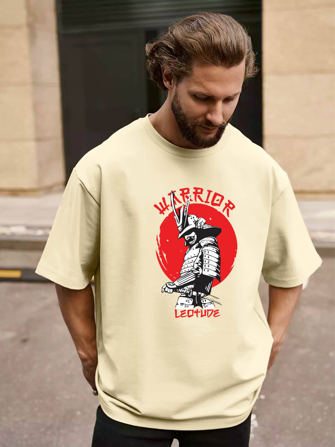 Leotude Men Cotton Blend Oversized Fit Printed T-Shirt ( Beige )     			Leotude Men Cotton Blend Oversized Fit Printed T-Shirt ( Beige )