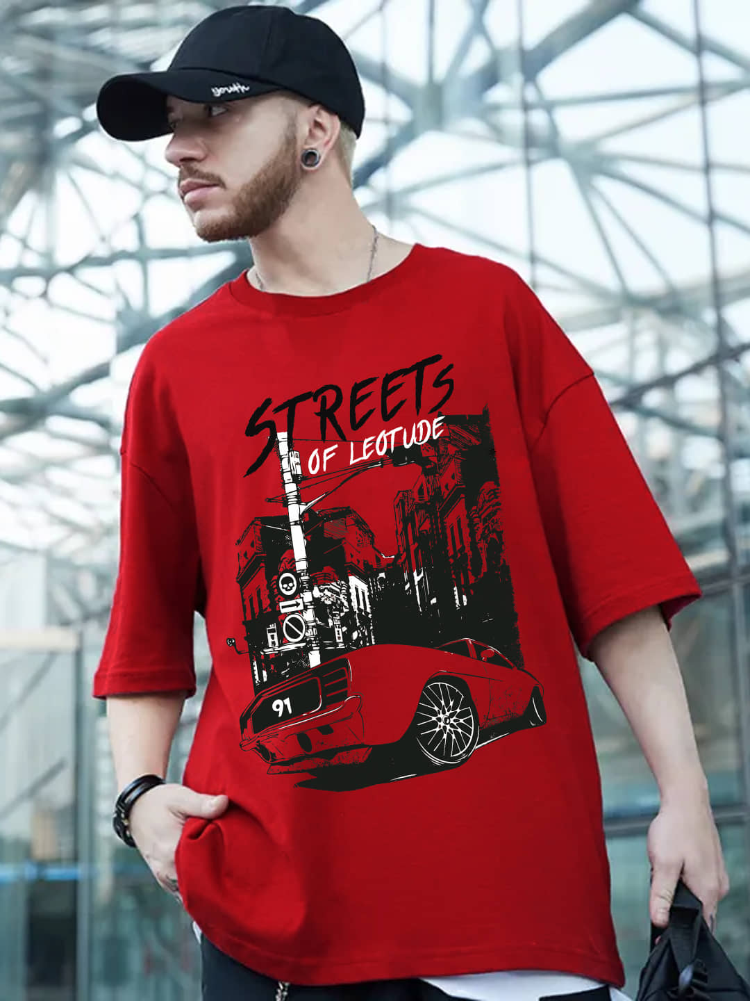 Leotude Men Cotton Blend Oversized Fit Printed T-Shirt ( Red )