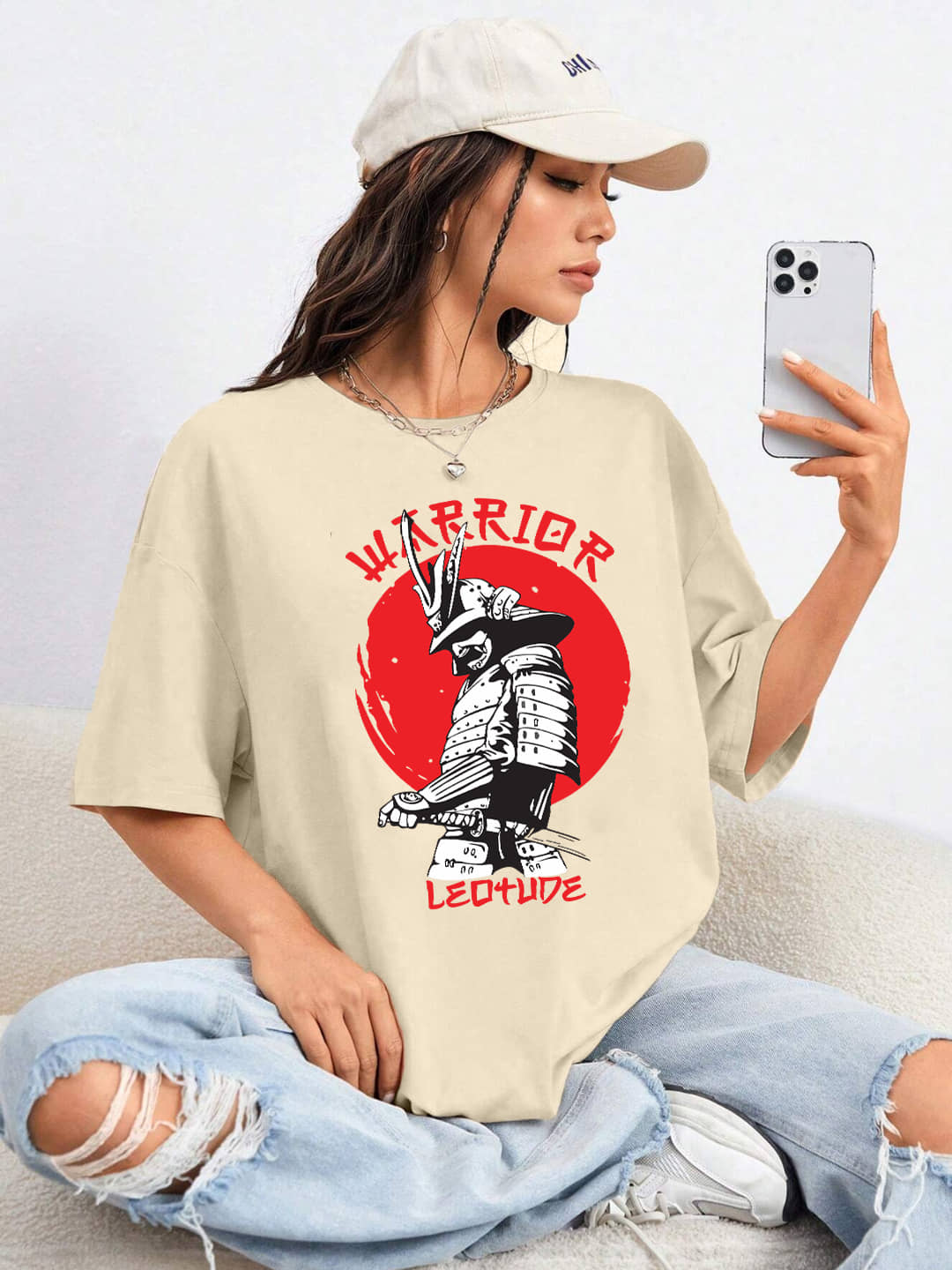 Leotude Women Cotton Blend Printed Oversized Fit Round Neck T-Shirt ( Beige )