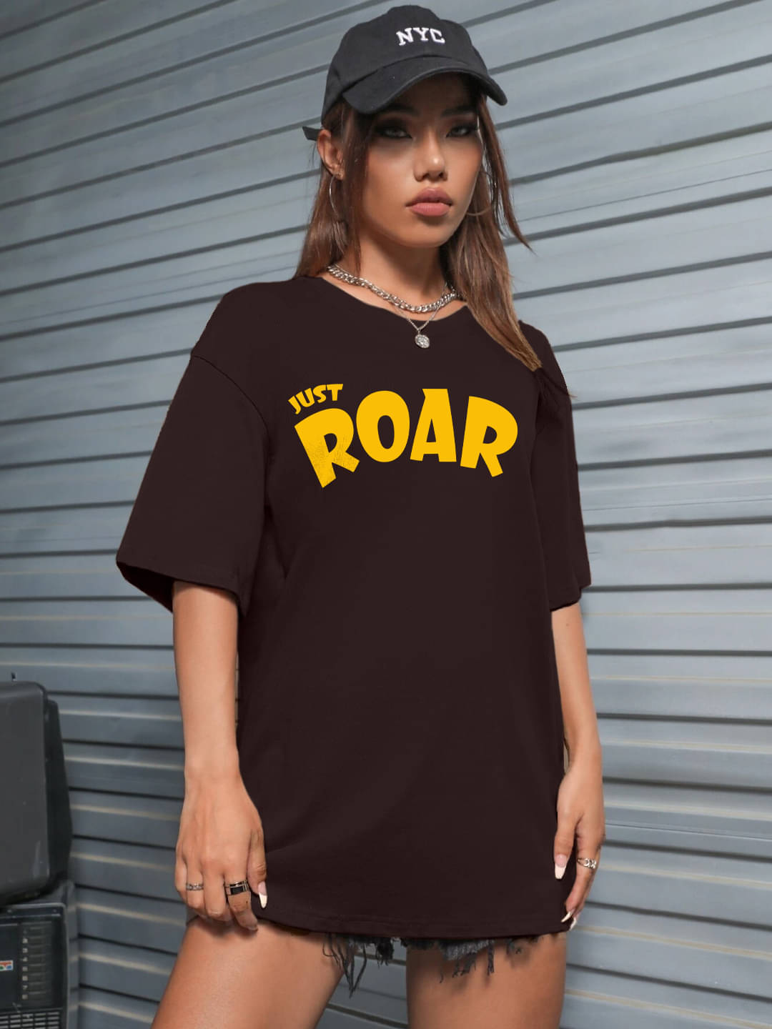 Leotude Women Cotton Blend Printed Oversized Fit Round Neck T-Shirt ( Brown ) Leotude Women Cotton Blend Printed Oversized Fit Round Neck T-Shirt ( Brown )