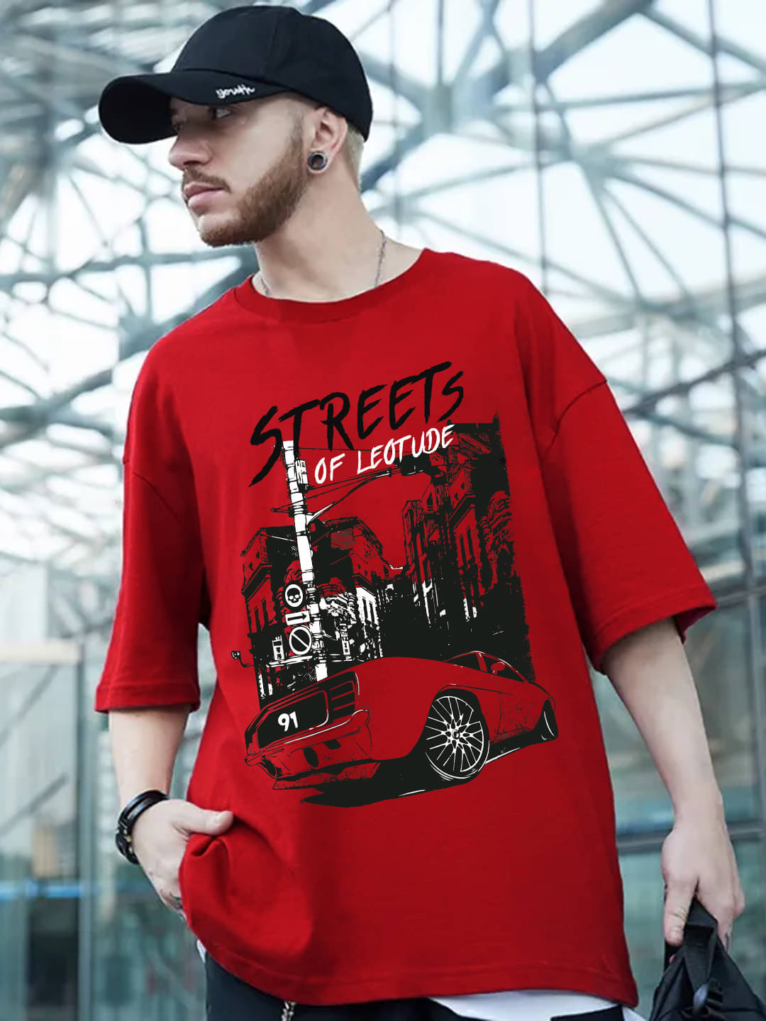     			Leotude Men Cotton Blend Oversized Fit Printed T-Shirt ( Red )