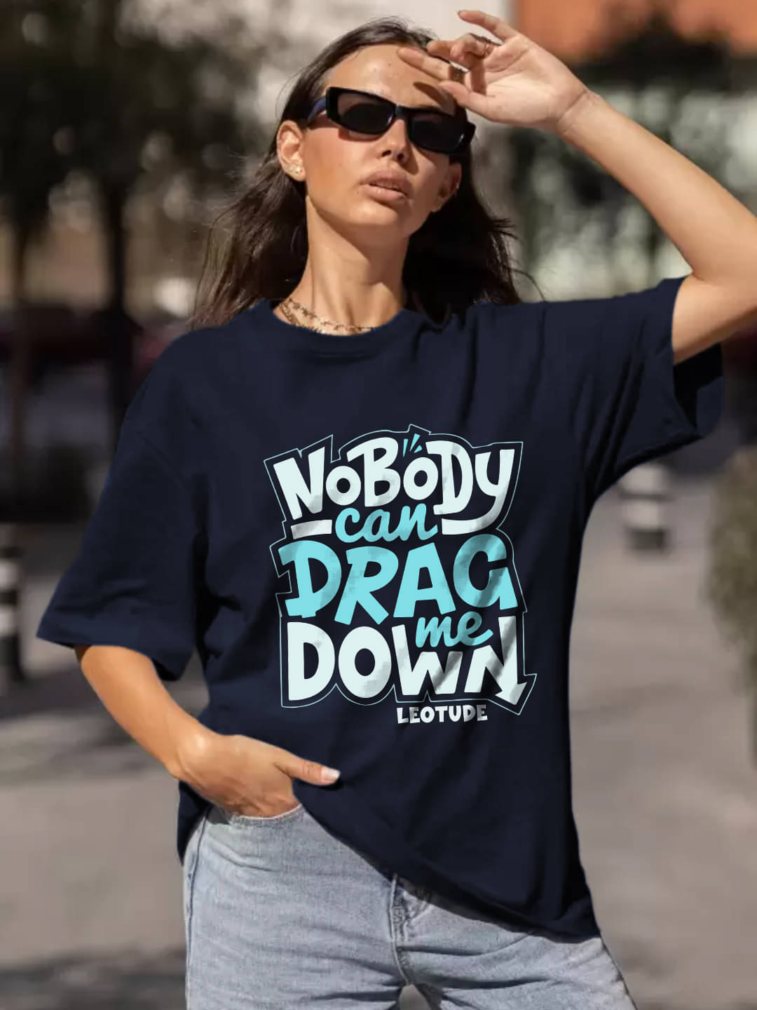 Leotude Women Cotton Blend Printed Oversized Fit Round Neck T-Shirt ( Navy Blue ) Leotude Women Cotton Blend Printed Oversized Fit Round Neck T-Shirt ( Navy Blue )