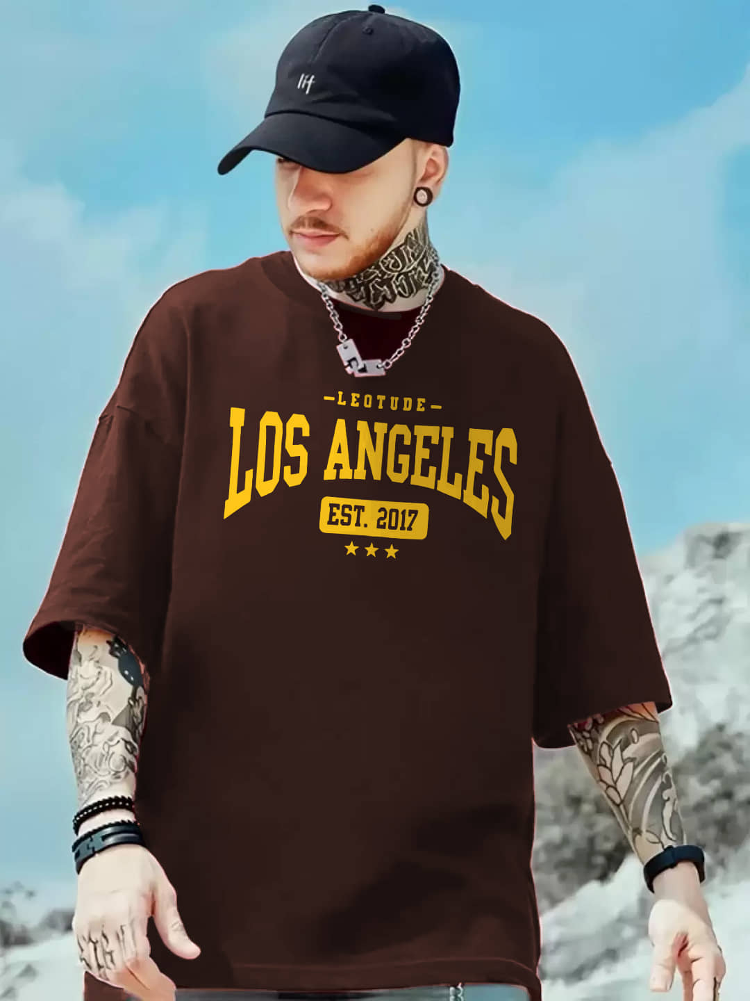Leotude Men Cotton Blend Oversized Fit Printed T-Shirt ( Brown )