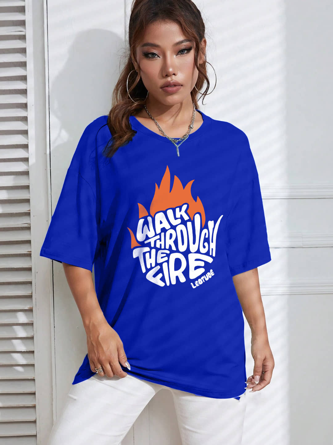 Leotude Women Cotton Blend Printed Oversized Fit Round Neck T-Shirt ( Blue )
