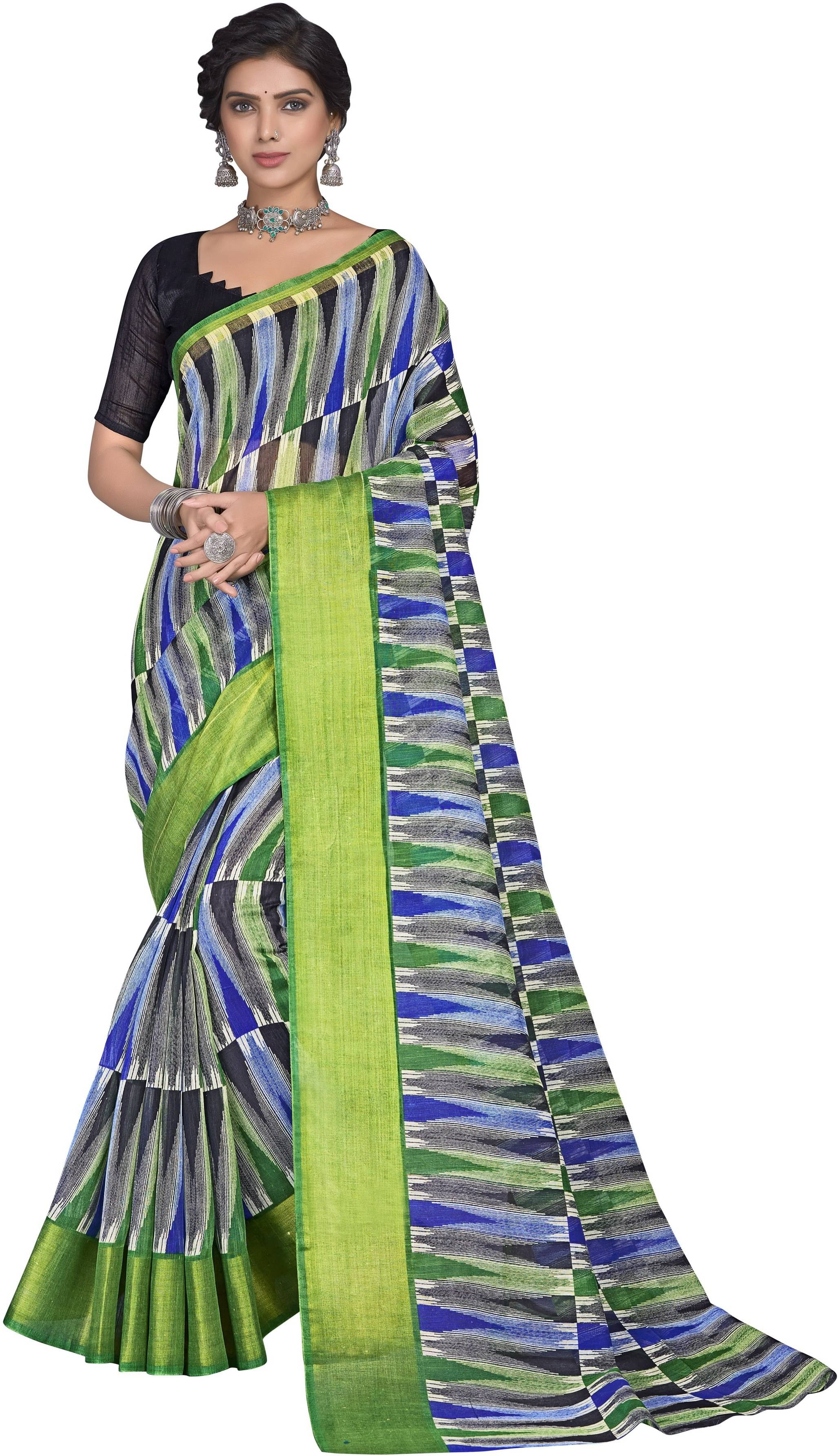     			Sariya Cotton Blend Printed Saree With Unstitched Blouse Piece ( Green )