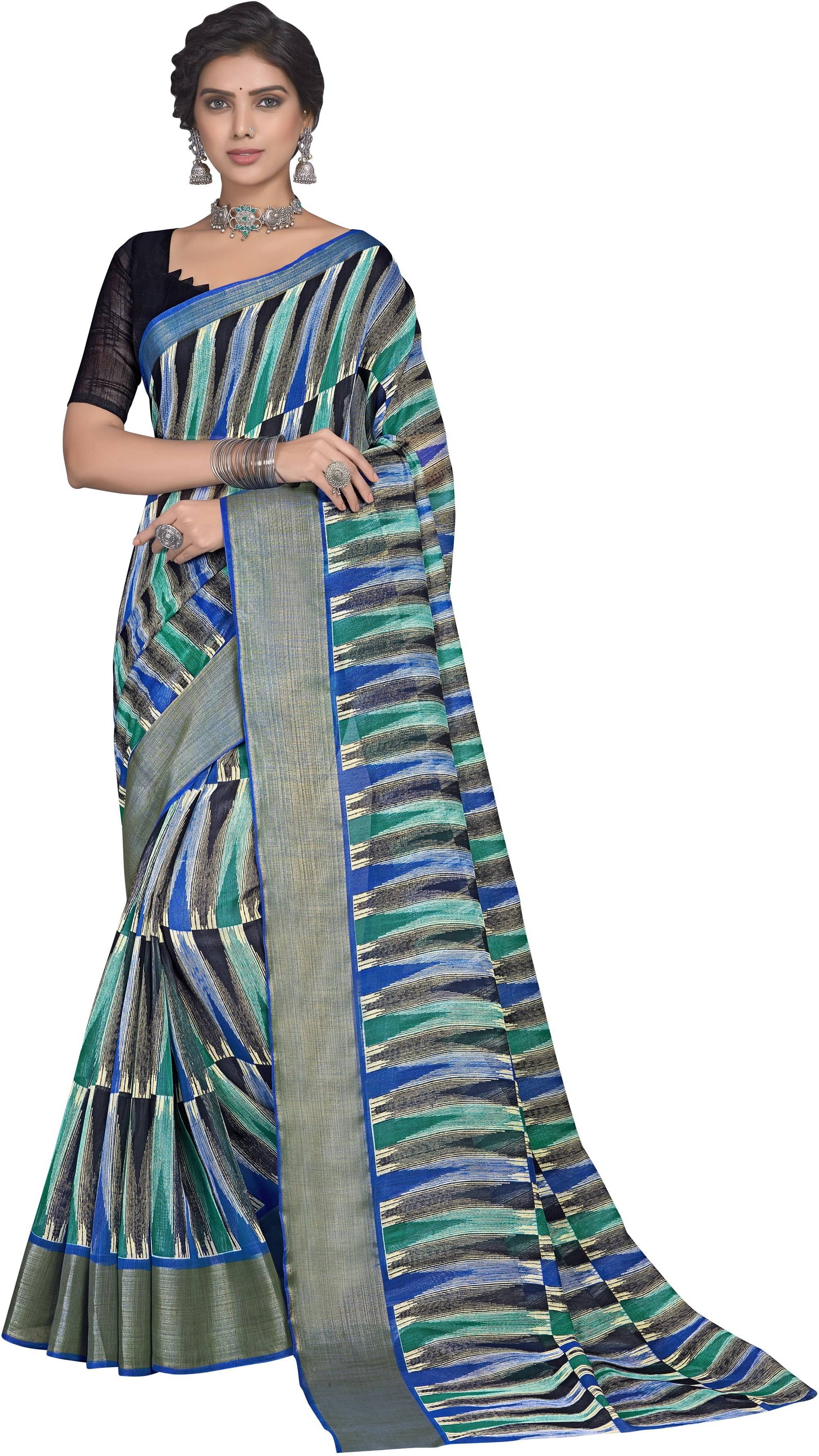 Sariya Cotton Blend Printed Saree With Unstitched Blouse Piece ( Blue ) Sariya Cotton Blend Printed Saree With Unstitched Blouse Piece ( Blue )