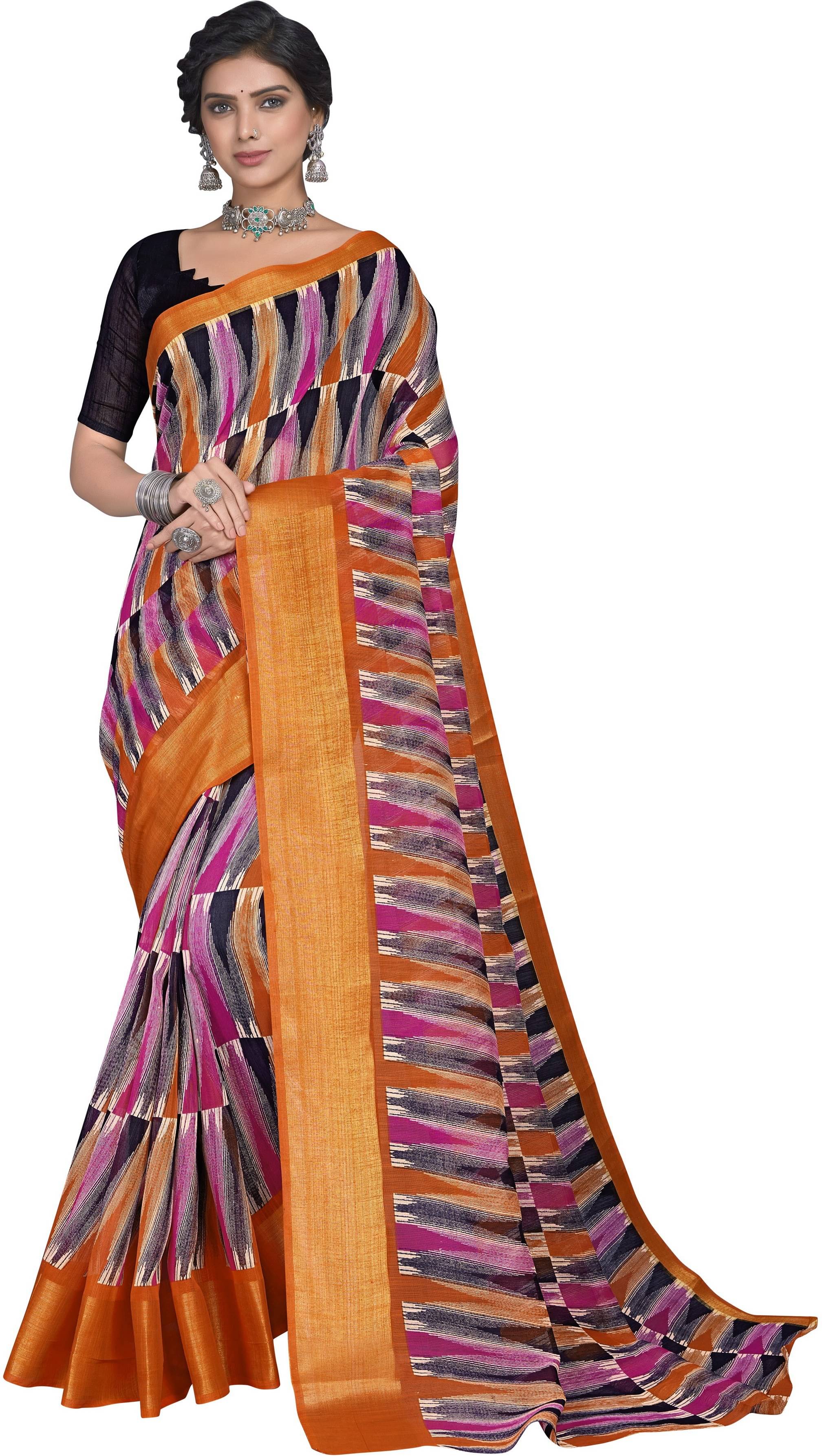 Sariya Cotton Blend Printed Saree With Unstitched Blouse Piece ( Orange ) Sariya Cotton Blend Printed Saree With Unstitched Blouse Piece ( Orange )
