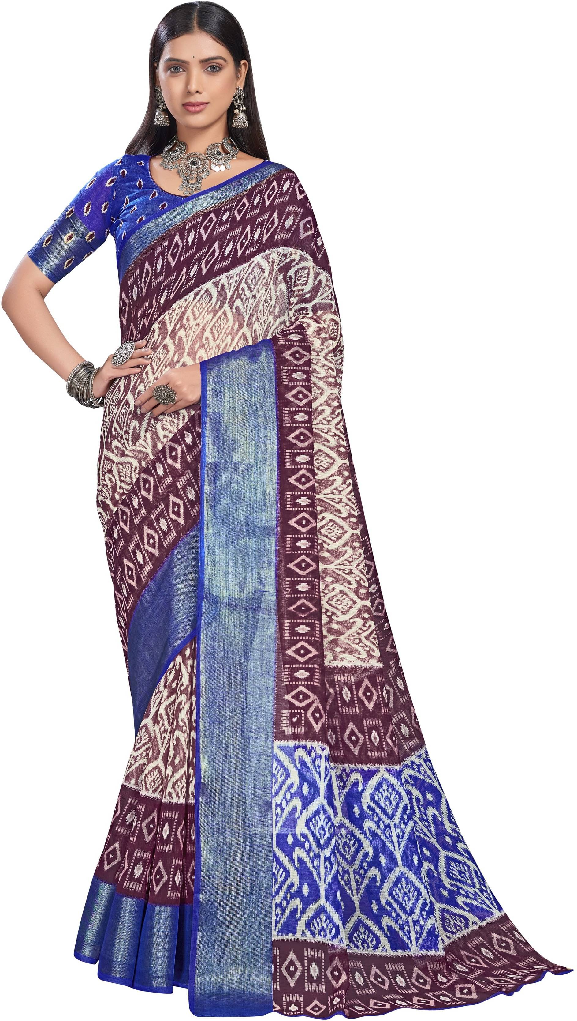 Sariya Cotton Blend Printed Saree With Unstitched Blouse Piece ( Wine ) Sariya Cotton Blend Printed Saree With Unstitched Blouse Piece ( Wine )
