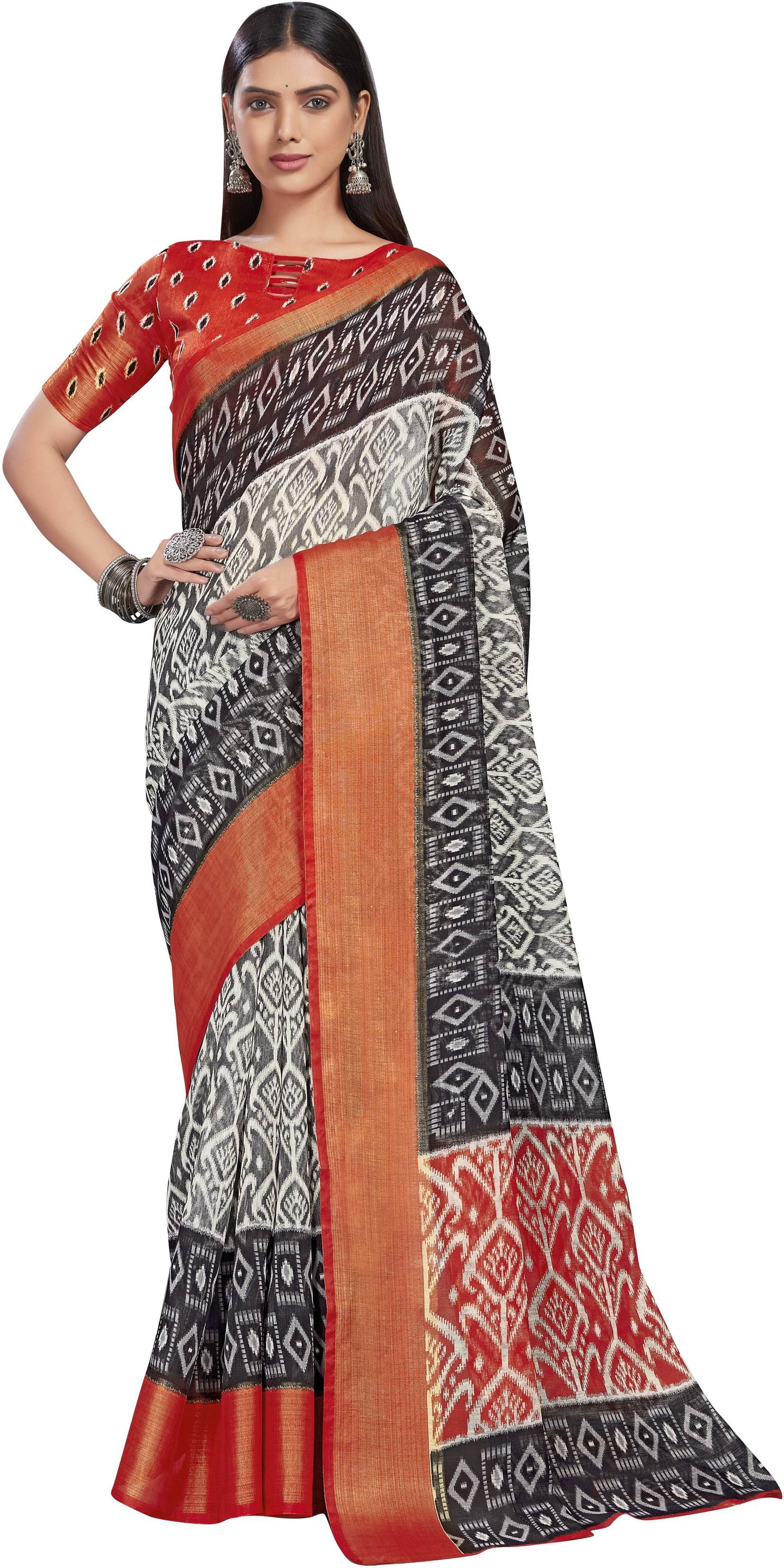    			Sariya Cotton Blend Printed Saree With Unstitched Blouse Piece ( Grey )
