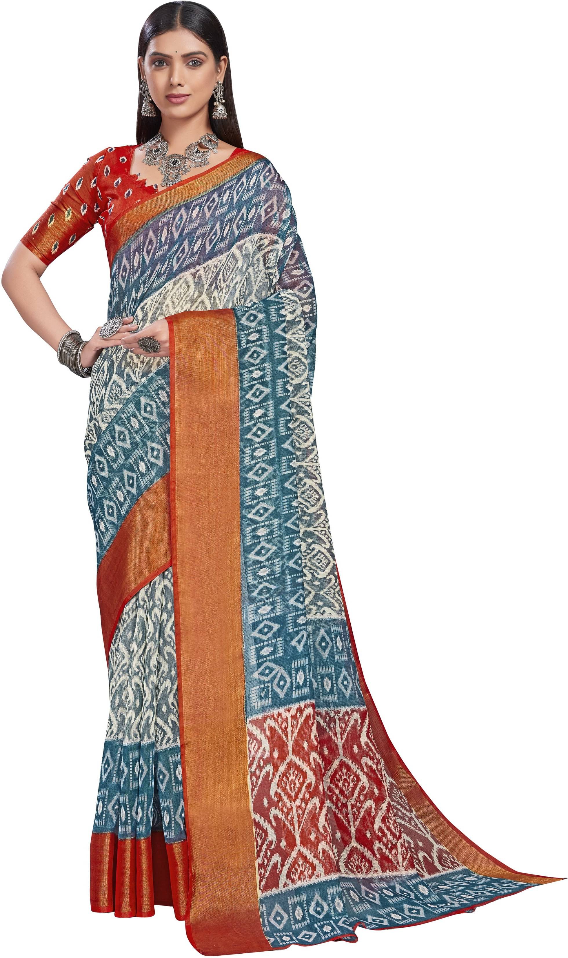 Sariya Cotton Blend Printed Saree With Unstitched Blouse Piece ( Blue ) Sariya Cotton Blend Printed Saree With Unstitched Blouse Piece ( Blue )