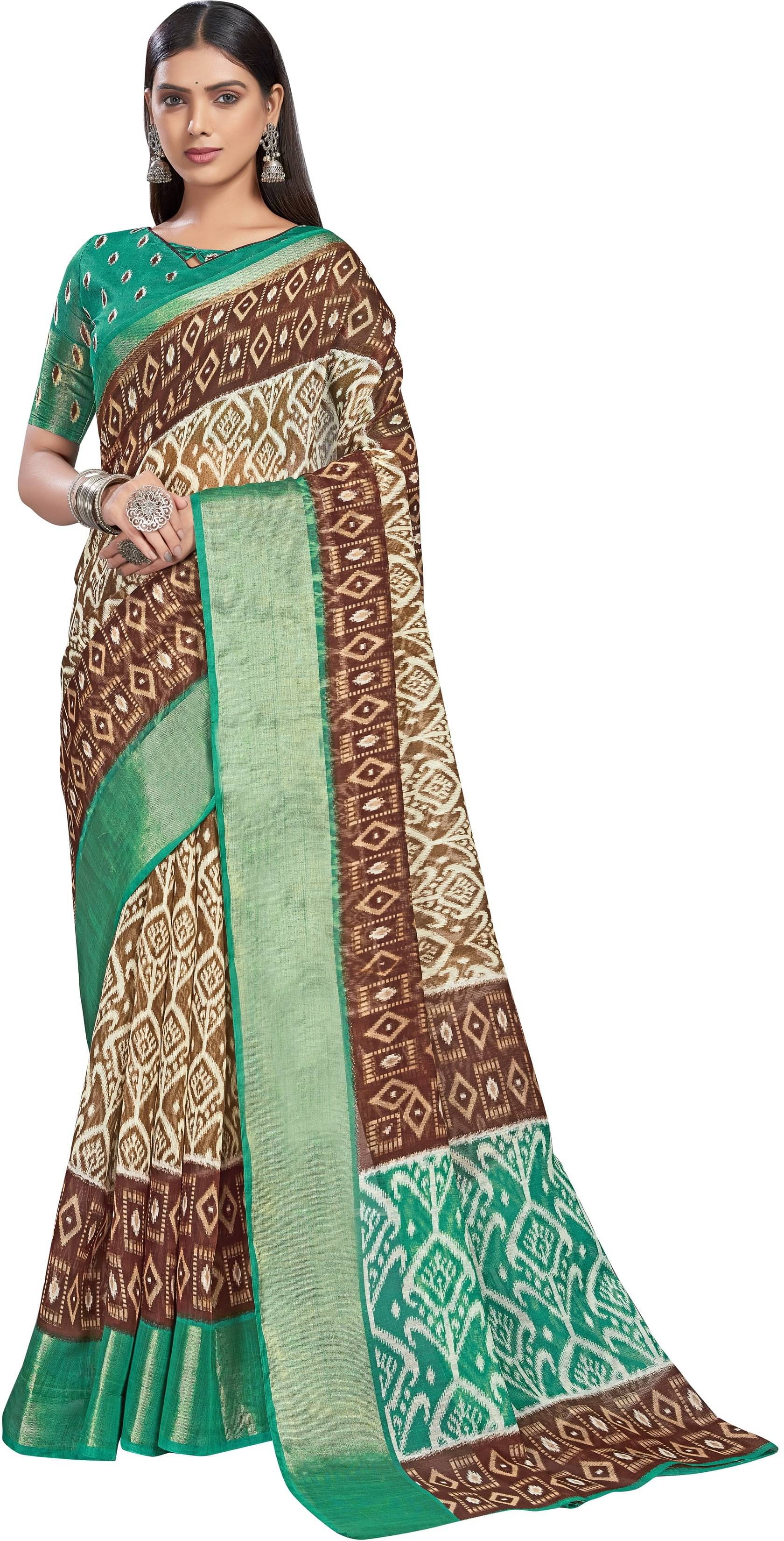     			Sariya Cotton Blend Printed Saree With Unstitched Blouse Piece ( Brown )