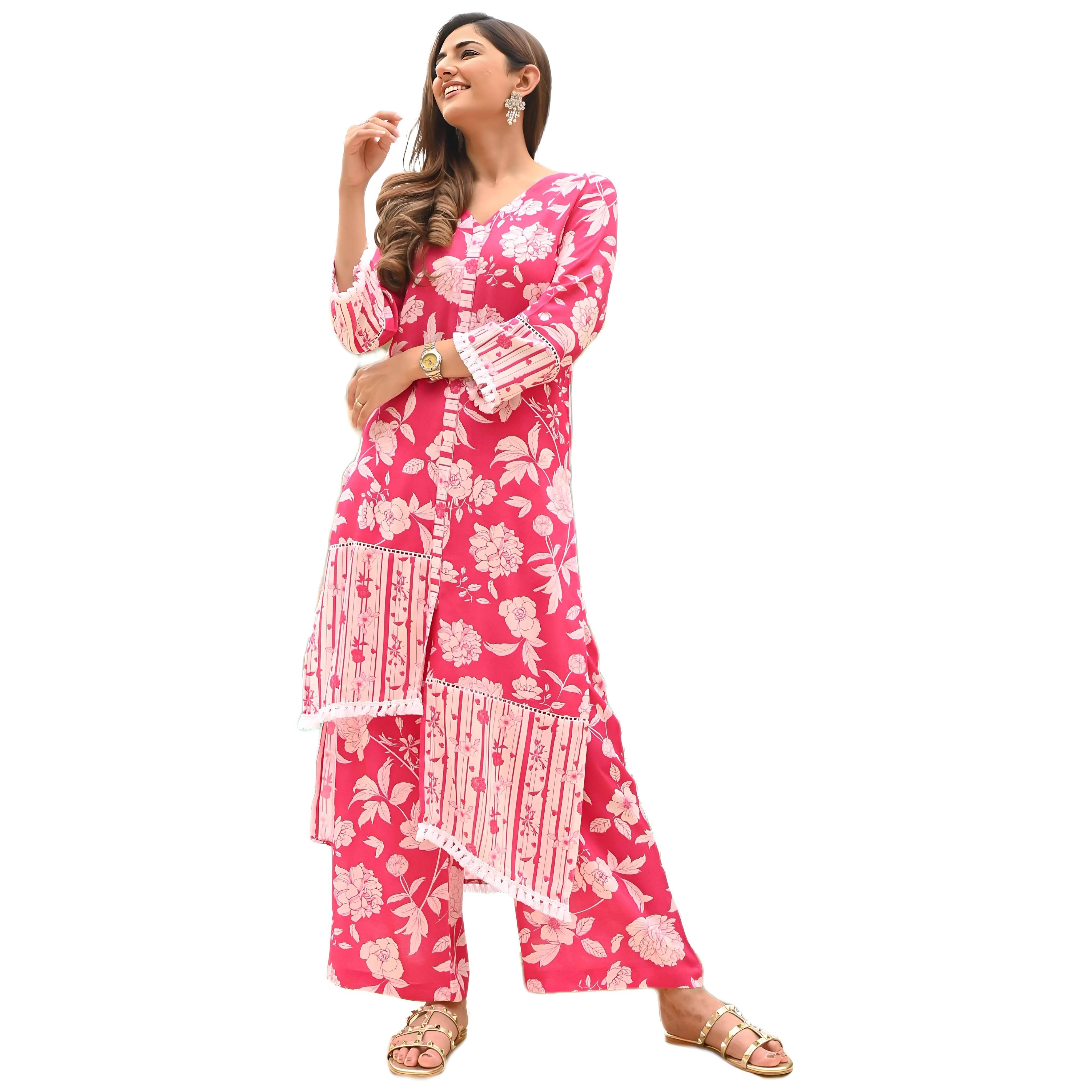     			Sidhidata Rayon Printed Kurti With Pants Women's Stitched Salwar Suit - Pink ( Pack of 1 )
