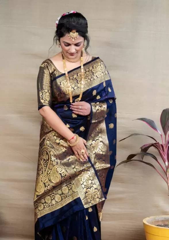     			Vkaran Silk Embellished Saree With Unstitched Blouse Piece ( Navy Blue )