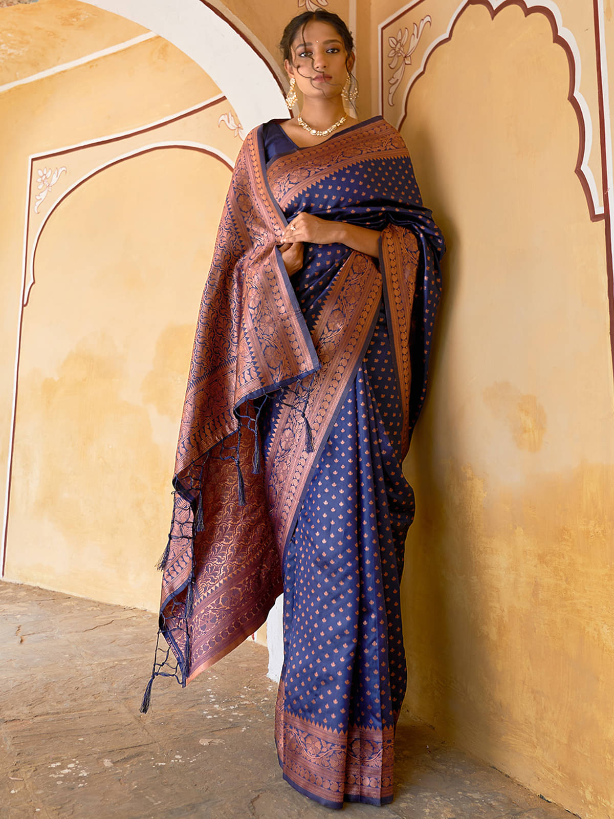     			Anekha Banarasi Silk Printed Saree With Unstitched Blouse Piece ( Navy Blue )